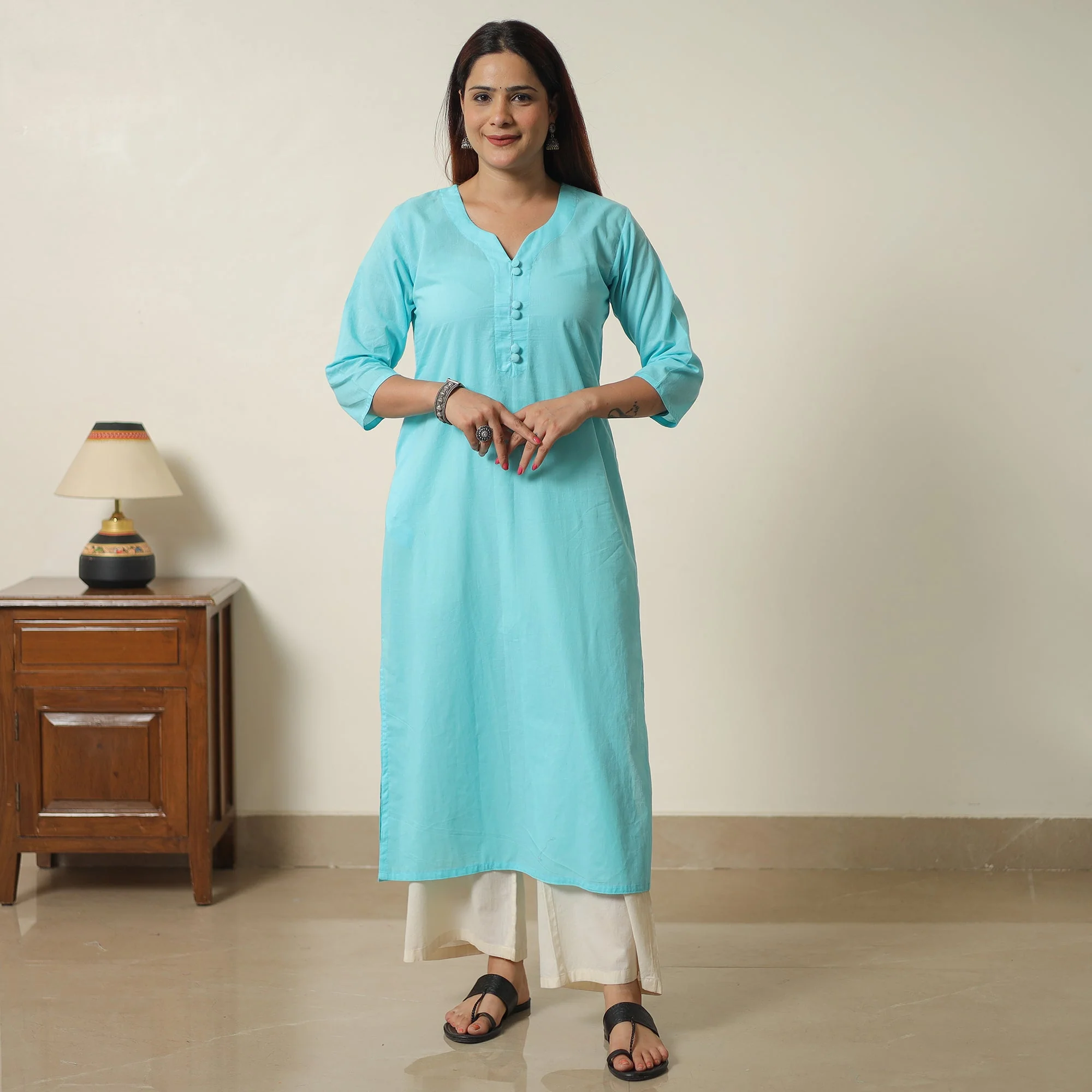 Mint Blue - Plain Cotton Long Straight Kurta 04 - Image 3
