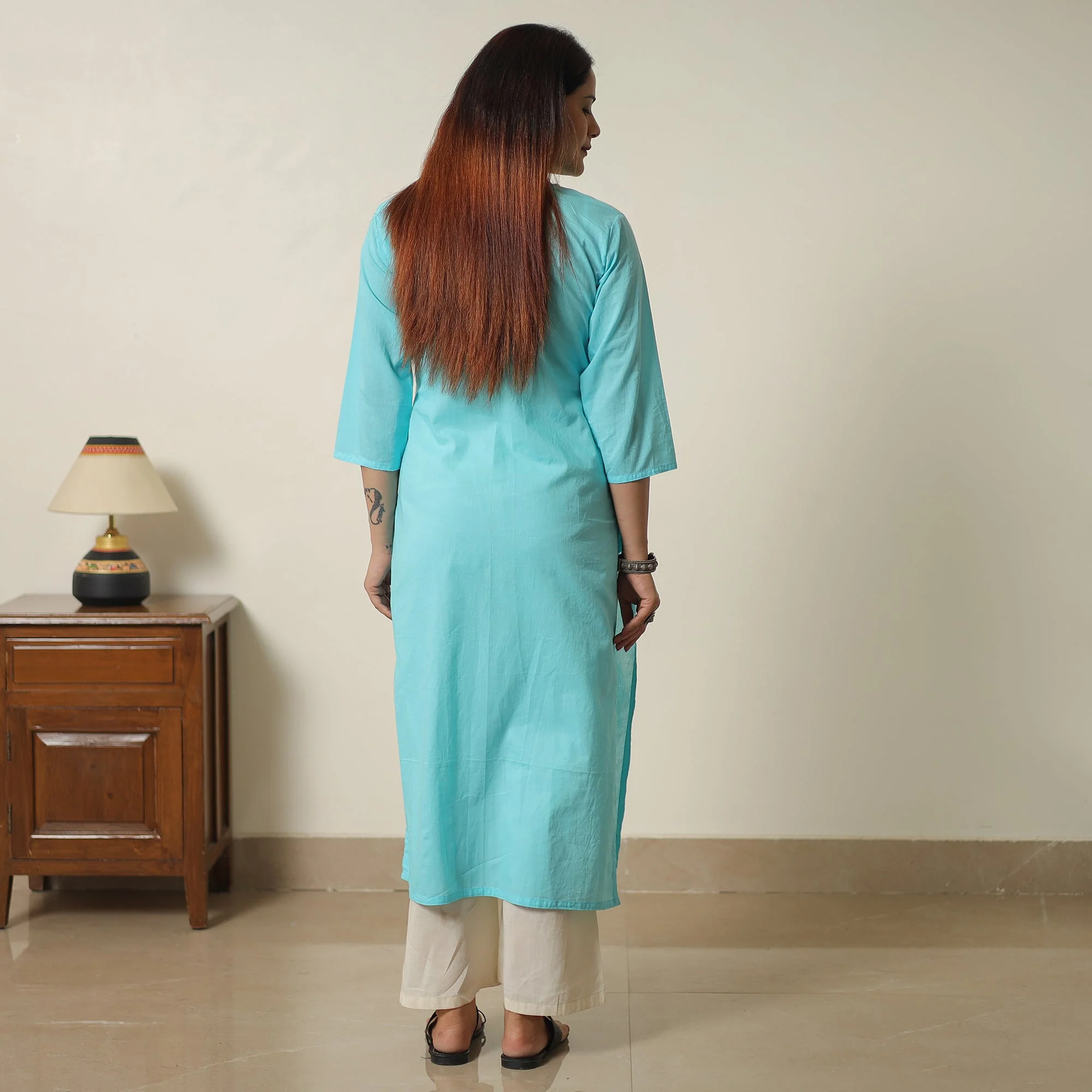 Mint Blue - Plain Cotton Long Straight Kurta 04 - Image 4
