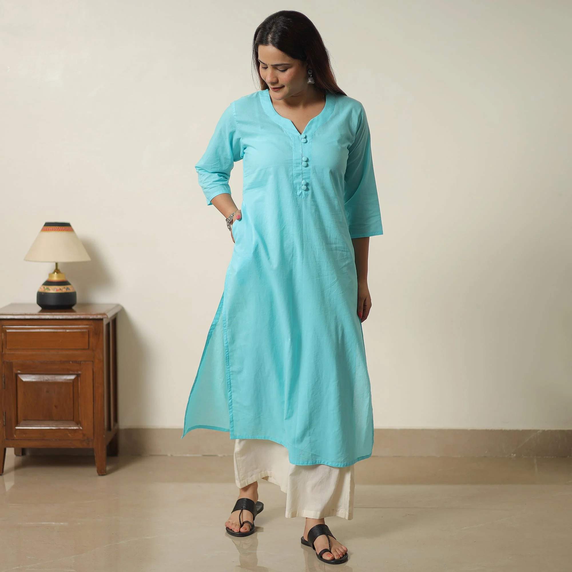 Mint Blue - Plain Cotton Long Straight Kurta 04 - Image 5
