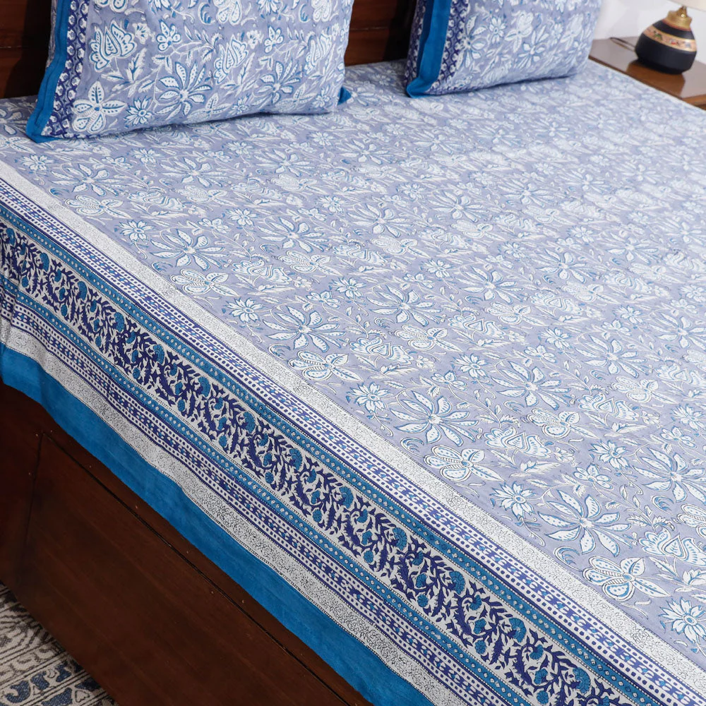 Blue - Block Print Cotton Double Sanganeri Bed Sheet - Image 3