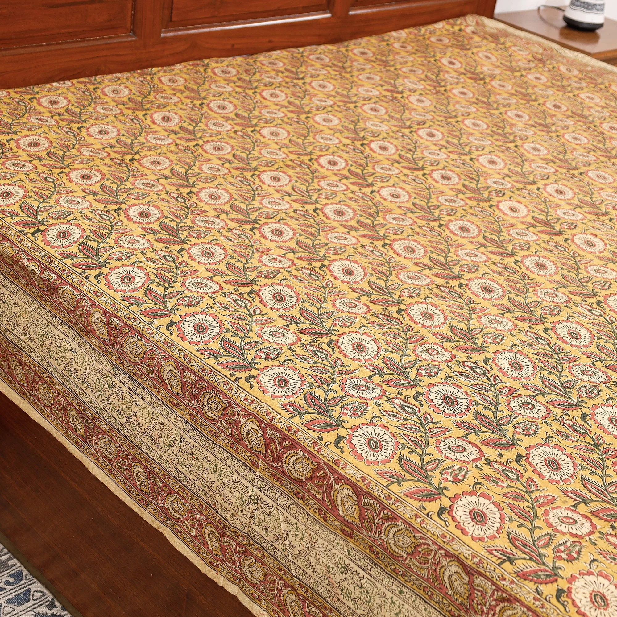 Yellow - Pedana Kalamkari Block Printing Cotton Double Bed Cover (111 x 94 in) - Image 3