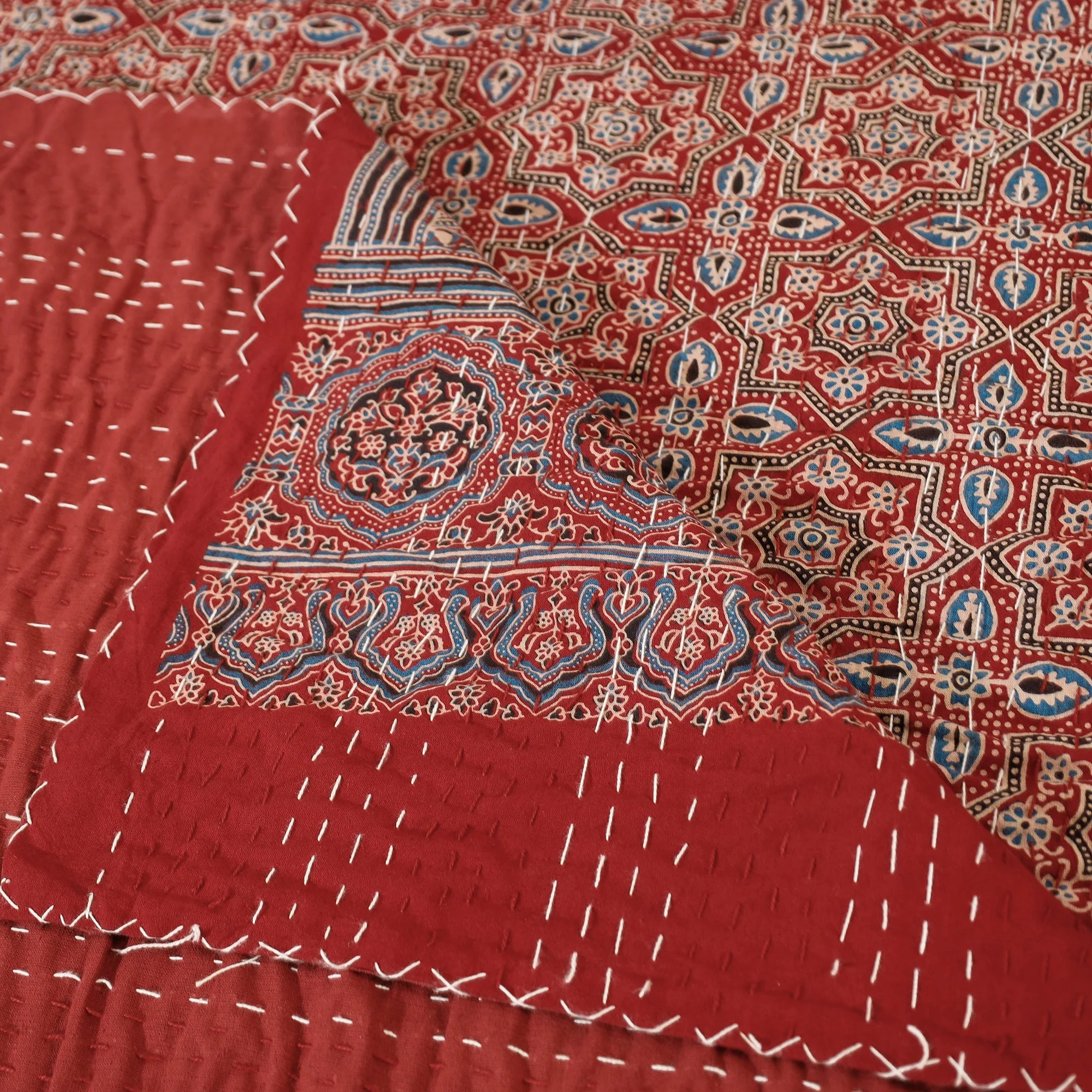 Red - Ajrakh Block Printed Kantha Work Cotton Double Bed Cover (105 x 90 in) - Image 4