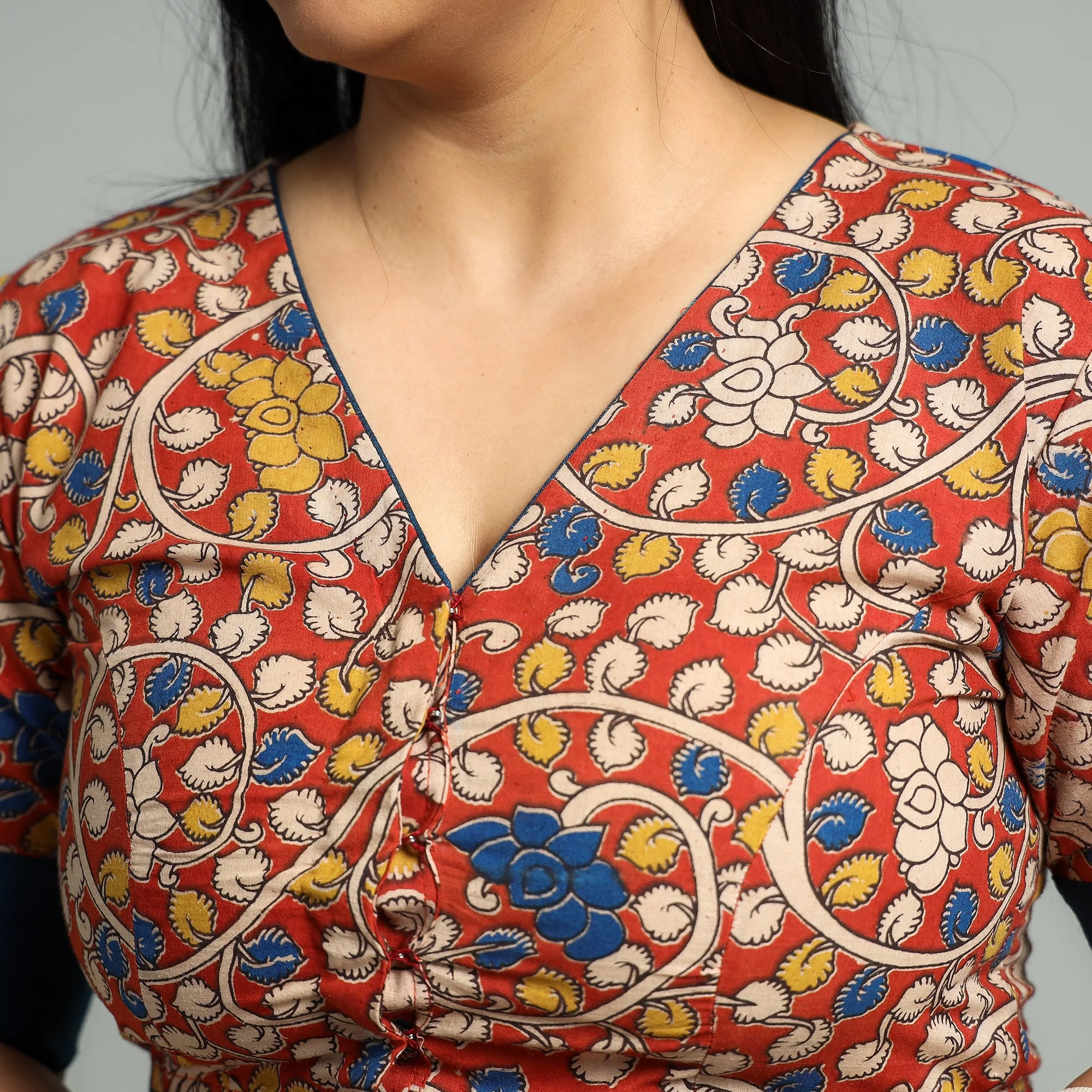 Red - Kalamkari Printed Cotton Stitched Blouse - Image 3