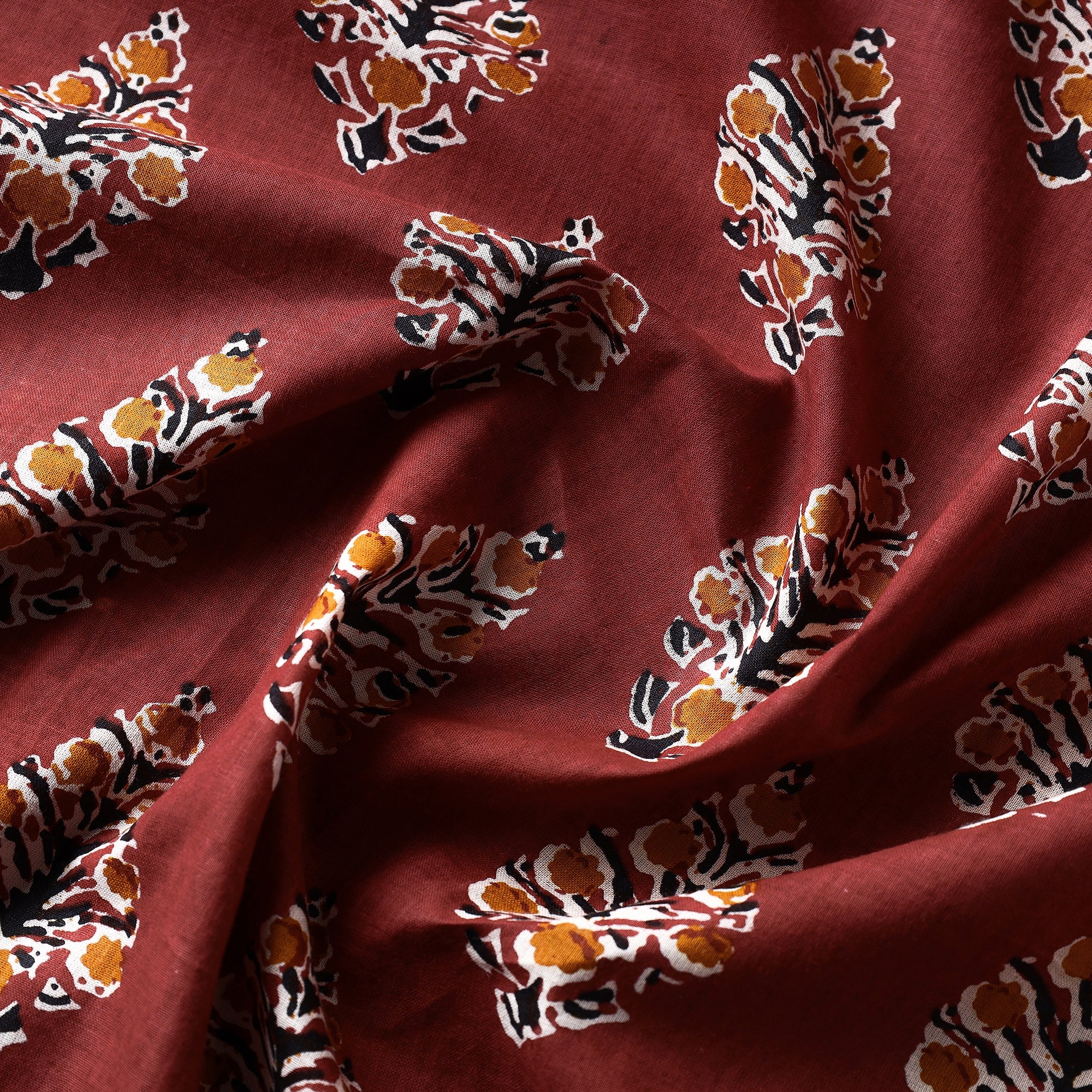 Brown - Floral Butta Pattern Sanganeri Printed Cotton Fabric - Image 3