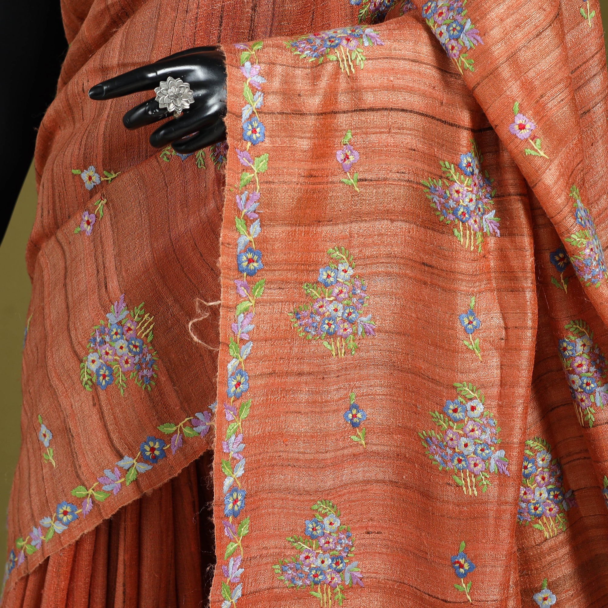 Orange - Kashidakari Hand Embroidery Ghicha Tussar Silk Saree - Image 3