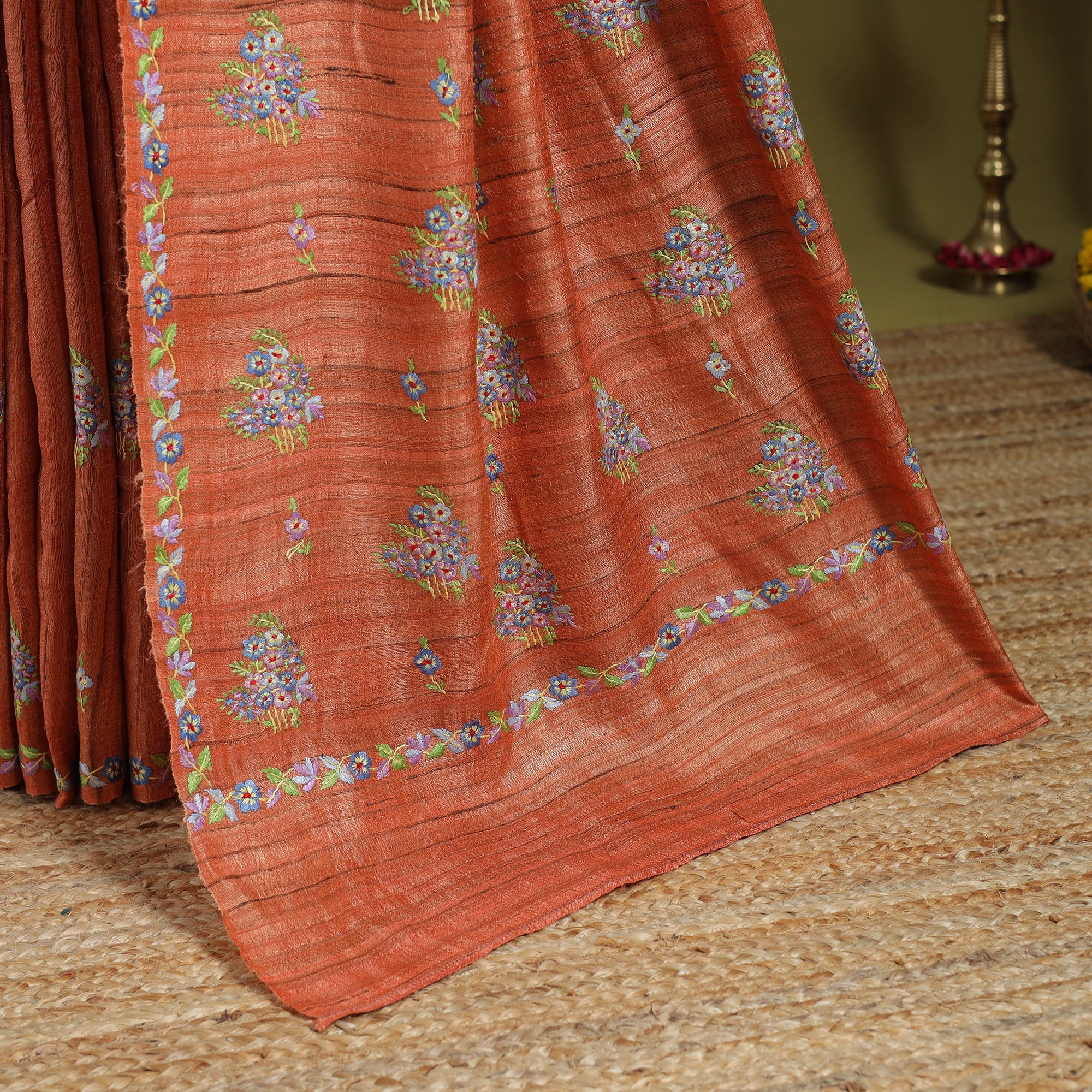 Orange - Kashidakari Hand Embroidery Ghicha Tussar Silk Saree - Image 4