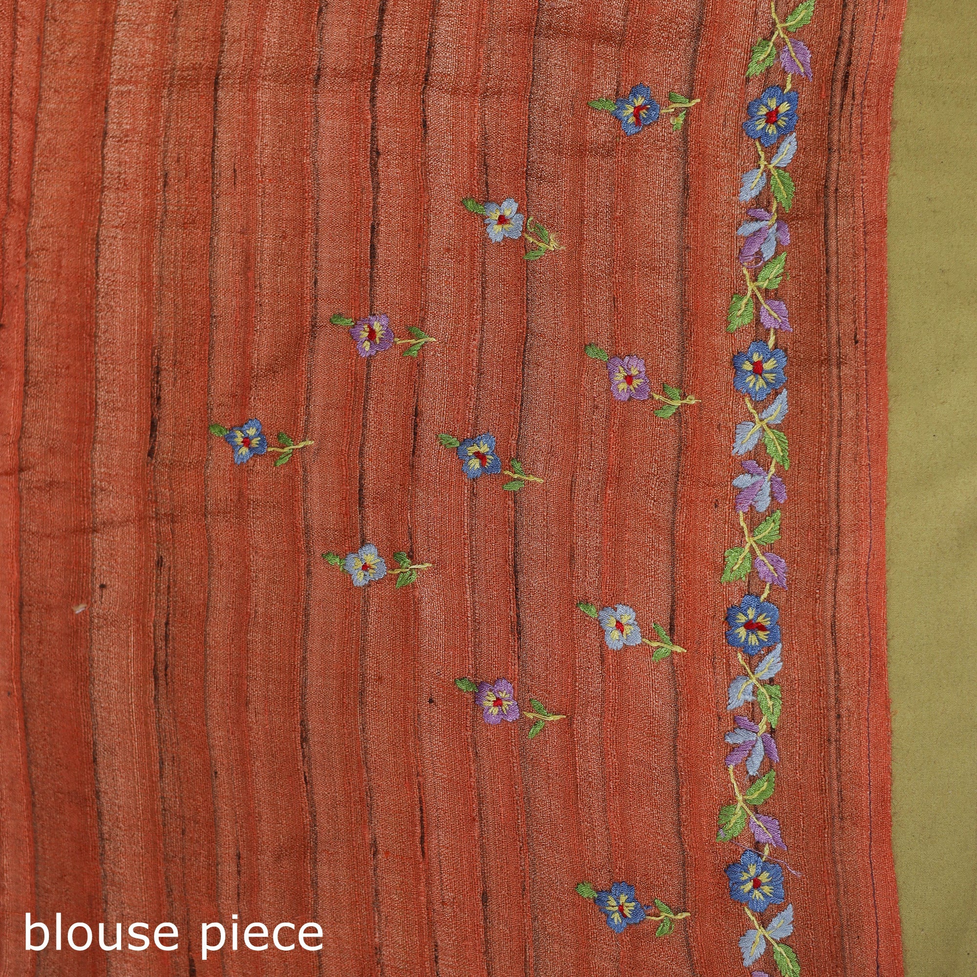 Orange - Kashidakari Hand Embroidery Ghicha Tussar Silk Saree - Image 5