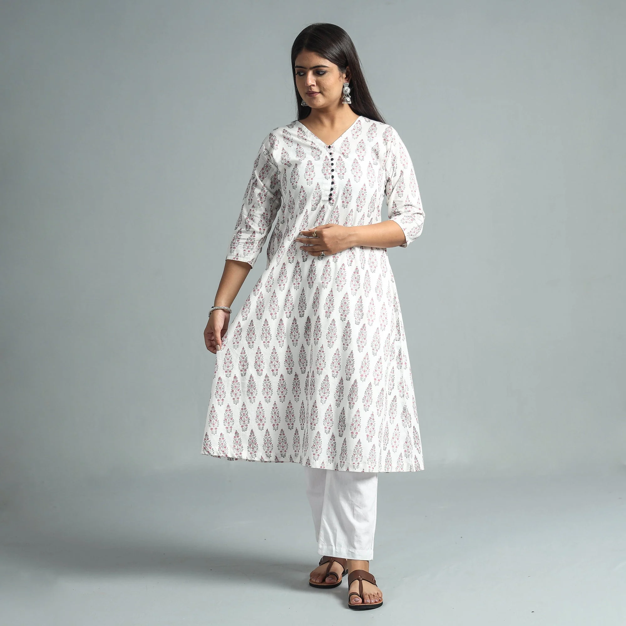White - Sanganeri Block Printed Cotton Kurta - Image 3