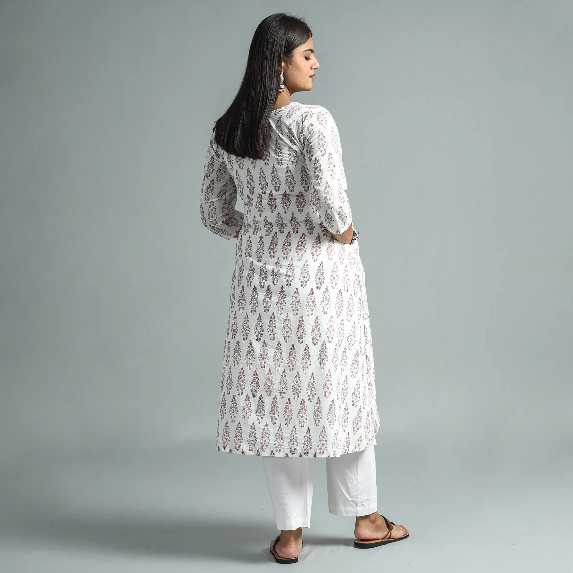 White - Sanganeri Block Printed Cotton Kurta - Image 6