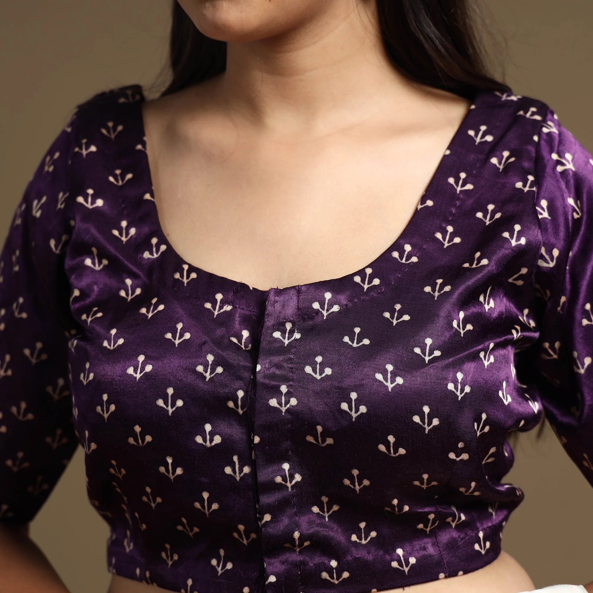 Purple - Hand Block Printed Mashru Silk Stitched Blouse - Image 3