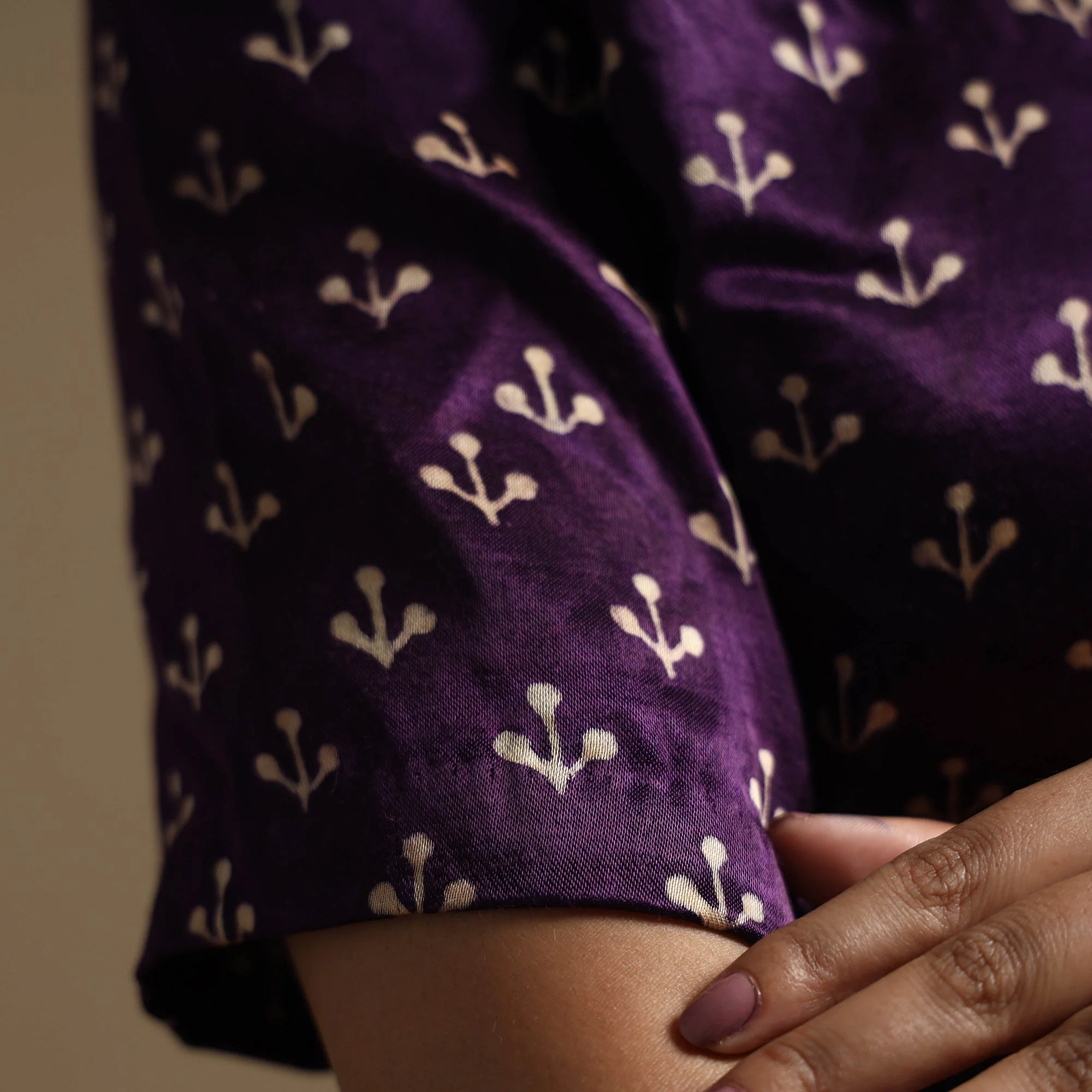 Purple - Hand Block Printed Mashru Silk Stitched Blouse - Image 4