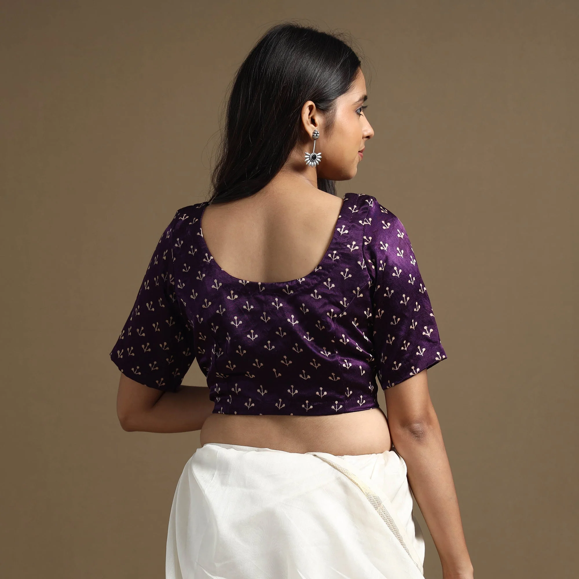 Purple - Hand Block Printed Mashru Silk Stitched Blouse - Image 5