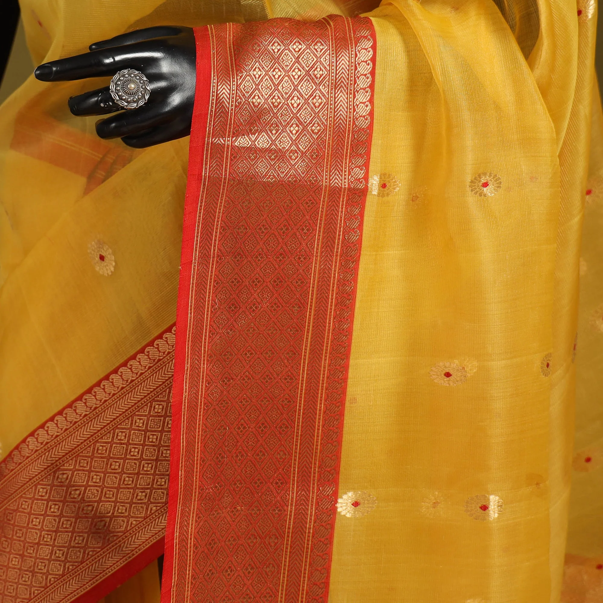 Yellow - Traditional Tissue Zari Handloom Buti Katan Chanderi Silk Saree 03 - Image 3