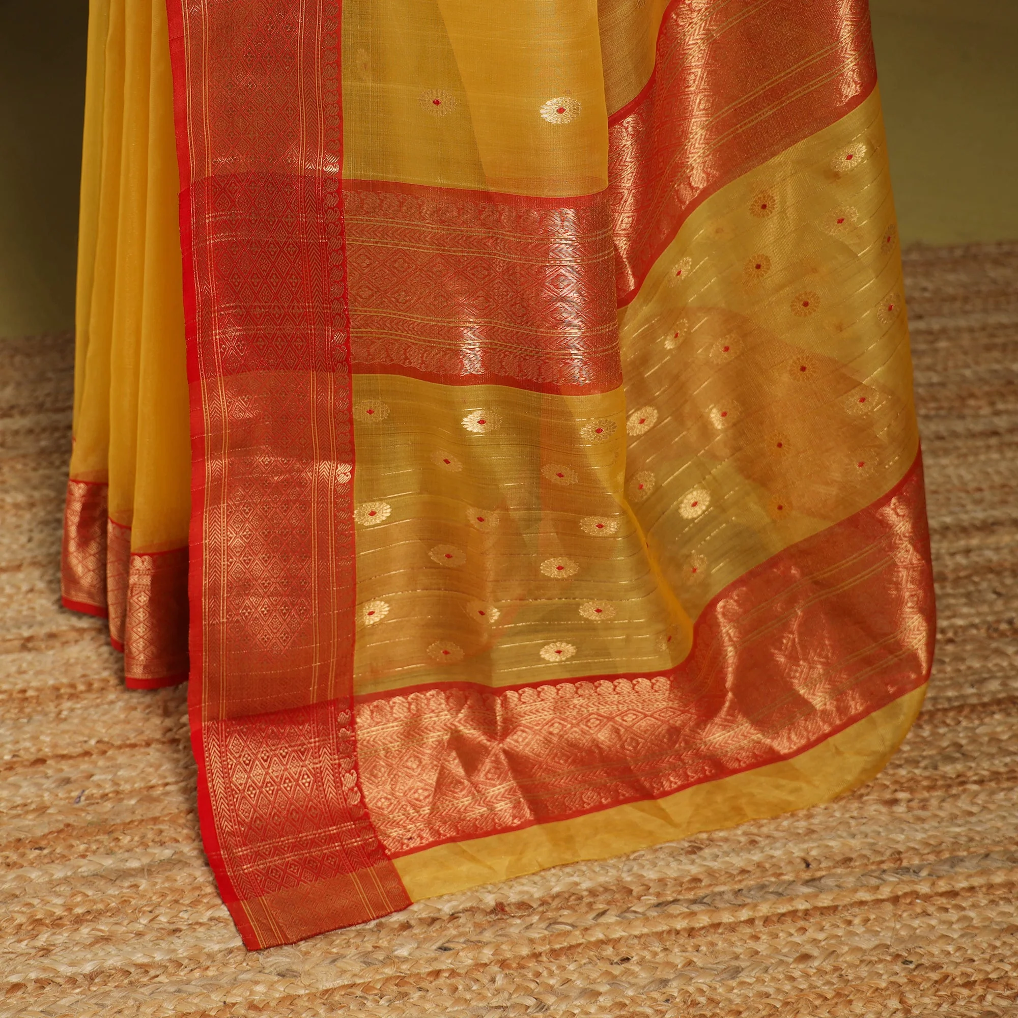 Yellow - Traditional Tissue Zari Handloom Buti Katan Chanderi Silk Saree 03 - Image 4