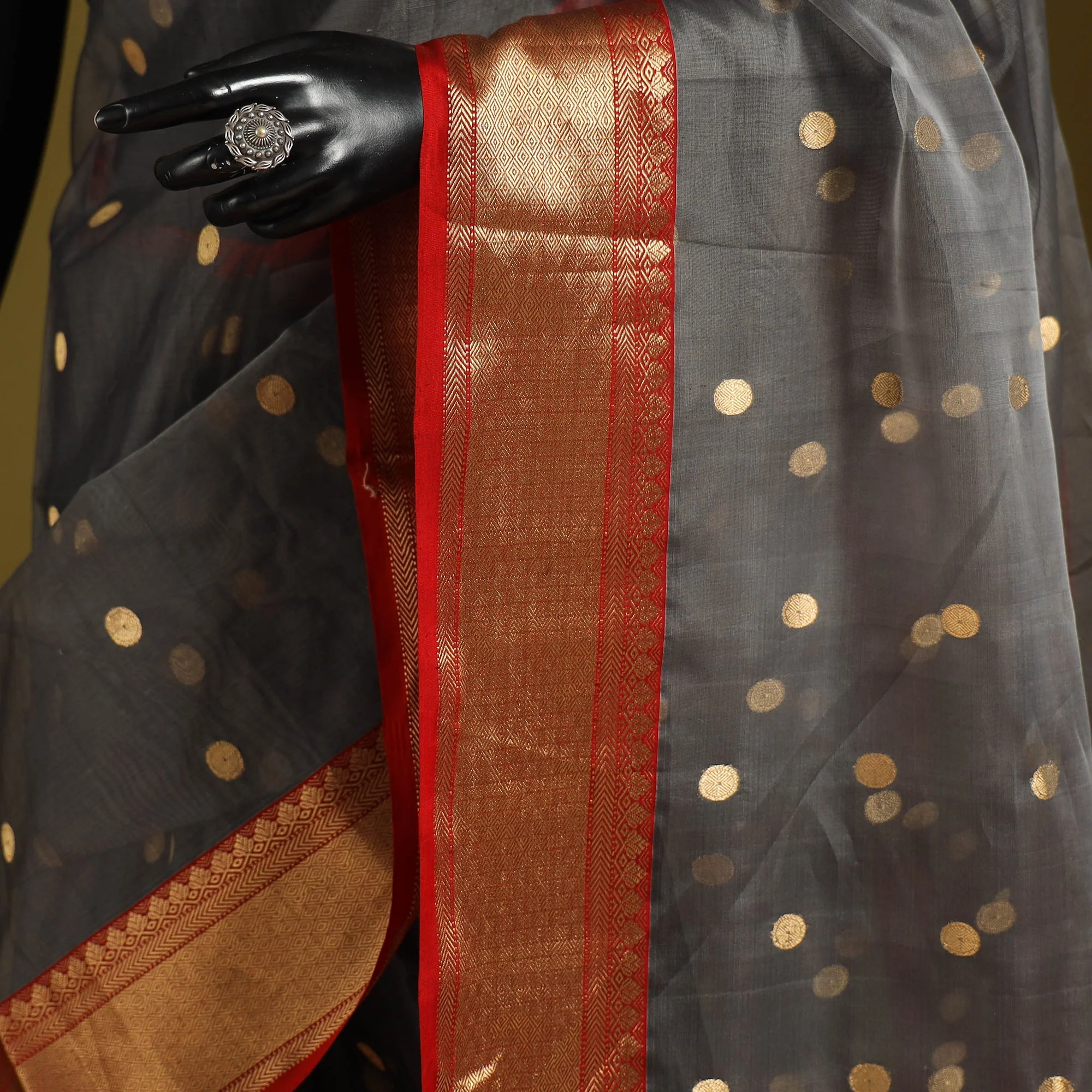 Grey - Traditional Handloom Buti Katan Chanderi Silk Saree 04 - Image 3