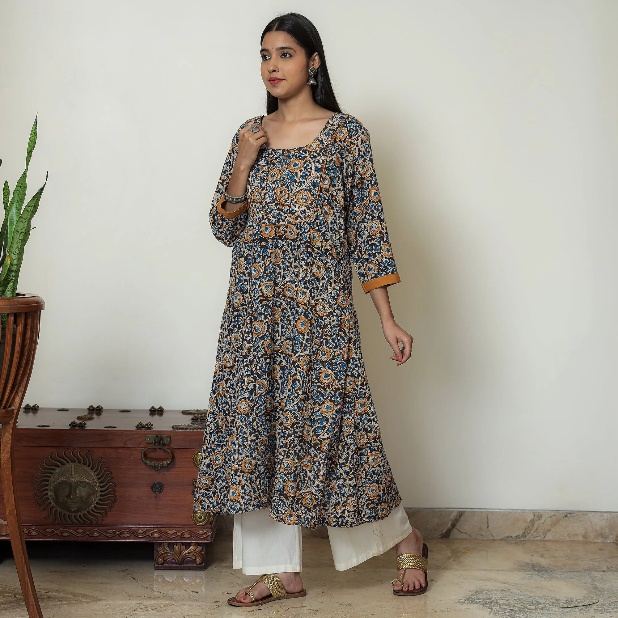 Black - Block Print Cotton A-Line Kalamkari Kurta 18 - Image 3