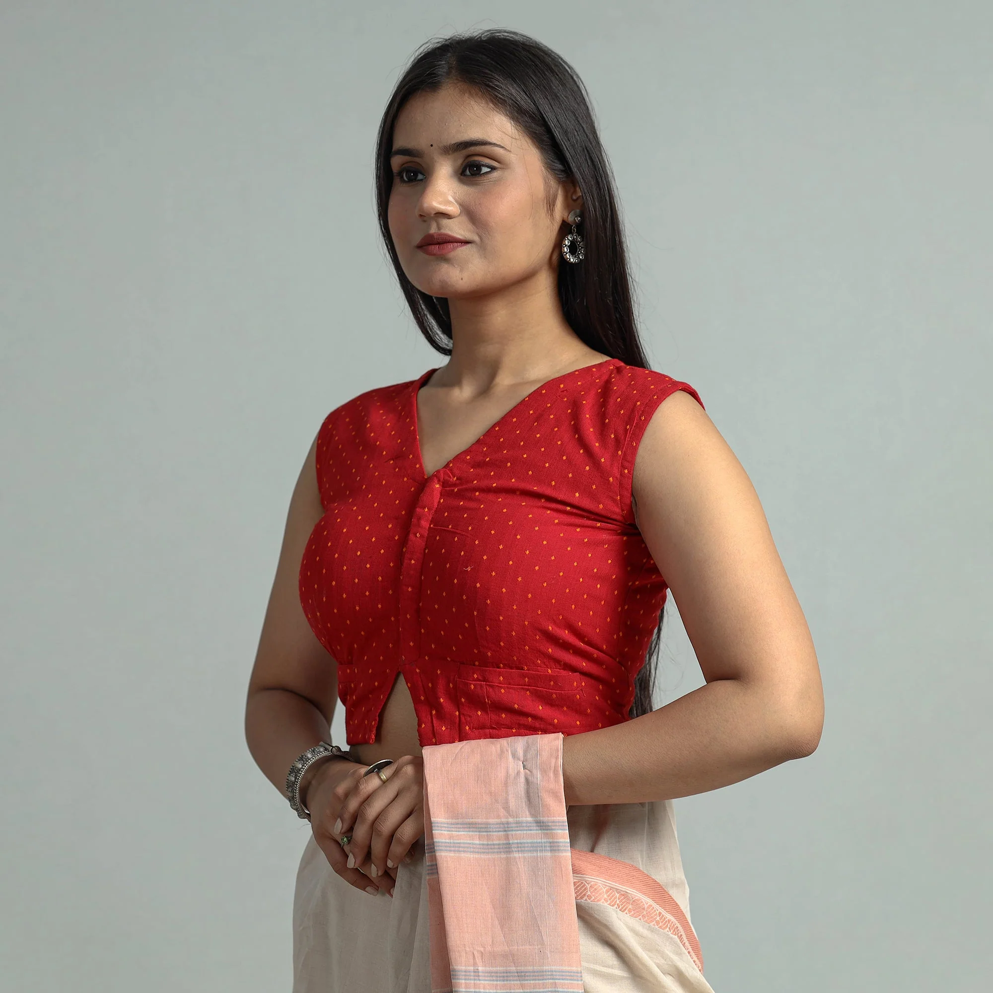 Red - Jacquard Weave Cotton Stitched Blouse 14 - Image 3