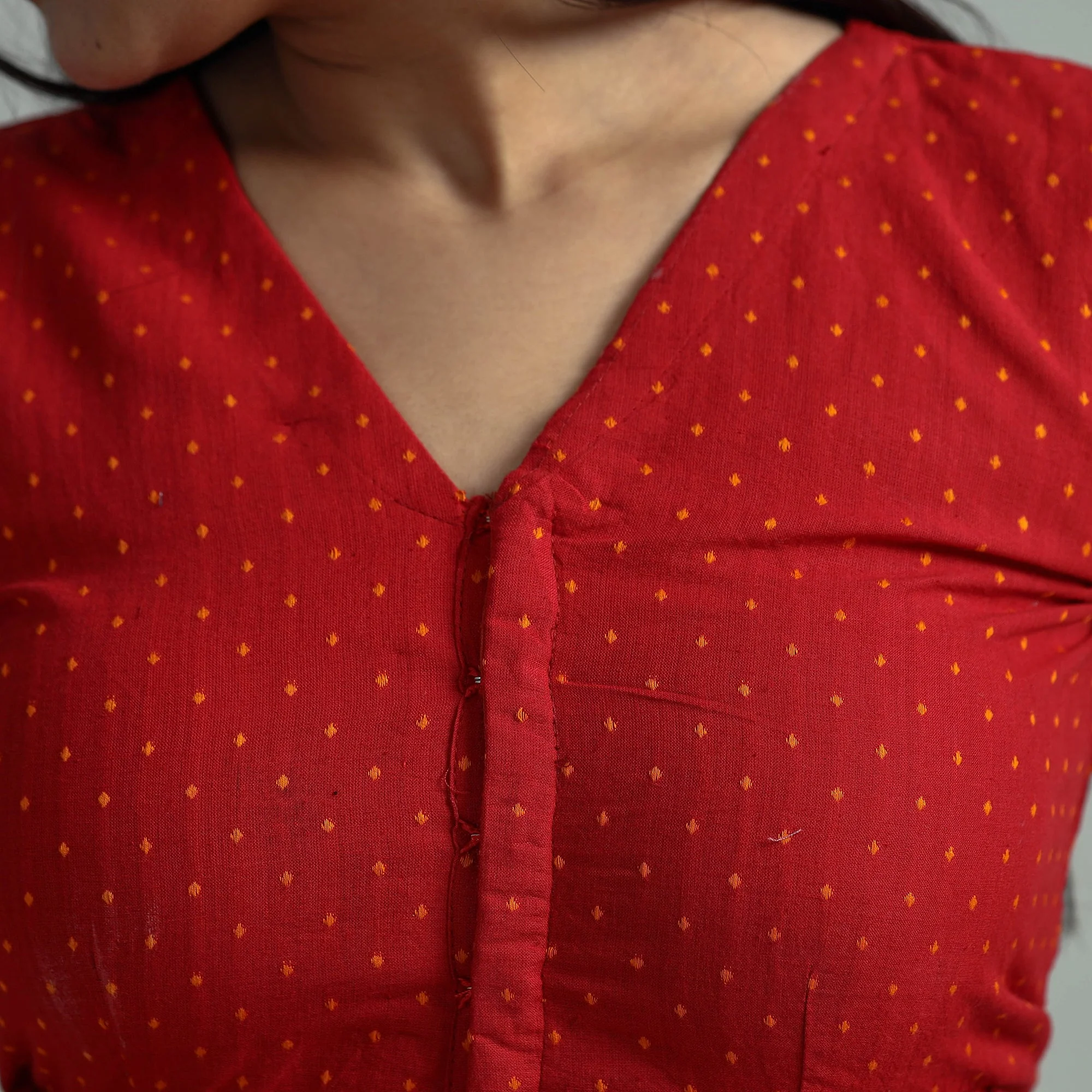 Red - Jacquard Weave Cotton Stitched Blouse 14 - Image 4