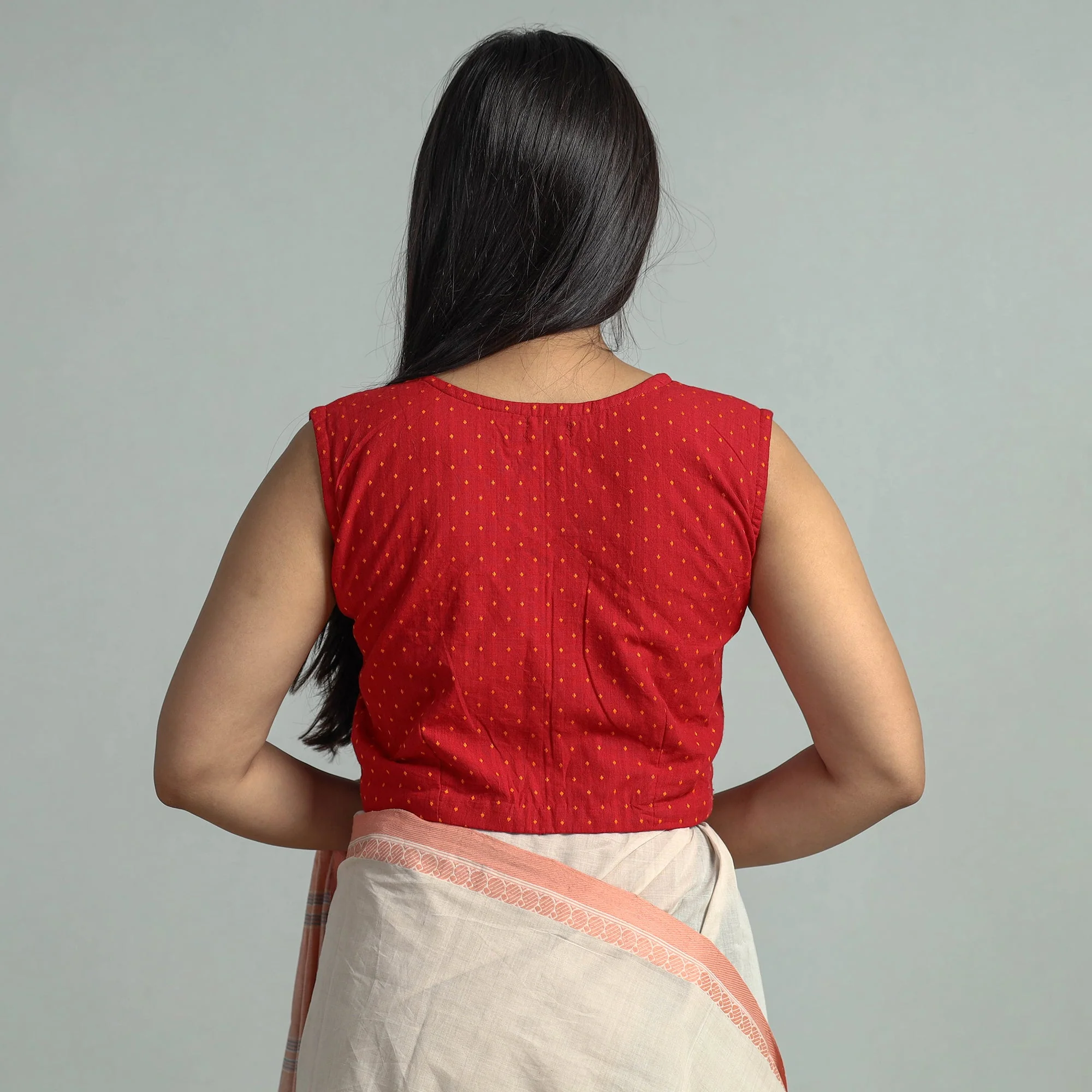 Red - Jacquard Weave Cotton Stitched Blouse 14 - Image 5