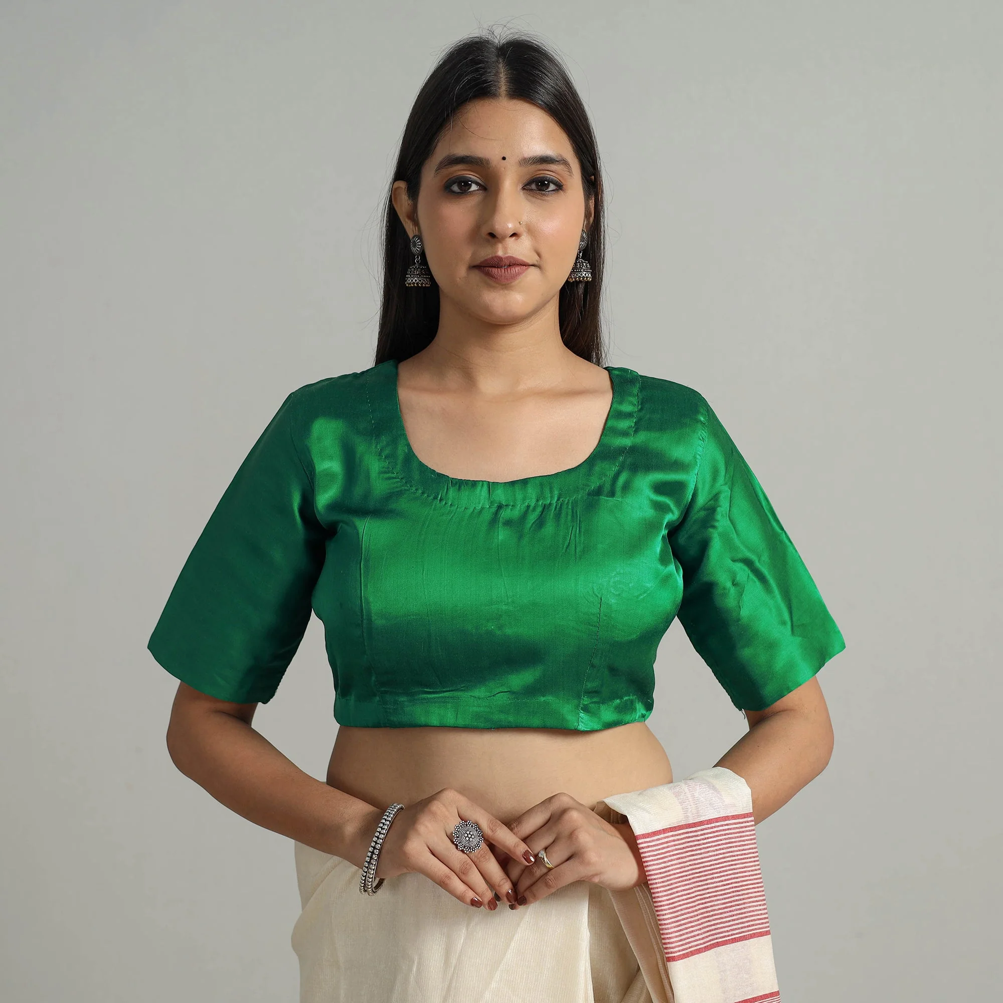 Green - Modal Silk Plain Stitched Blouse 03 - Image 3