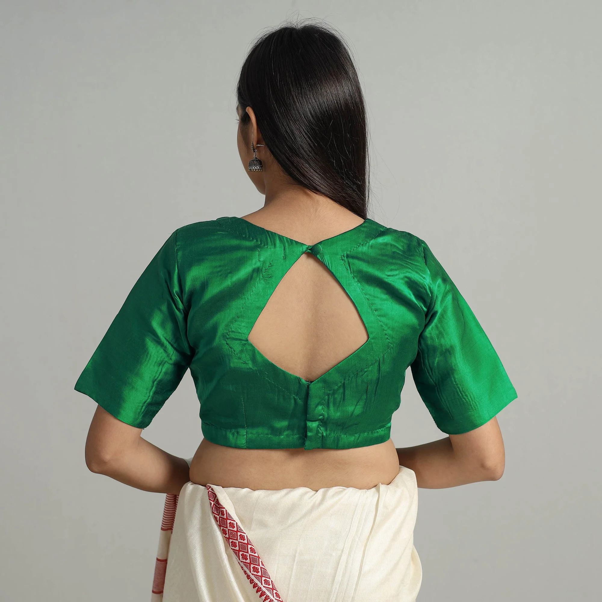 Green - Modal Silk Plain Stitched Blouse 03 - Image 6