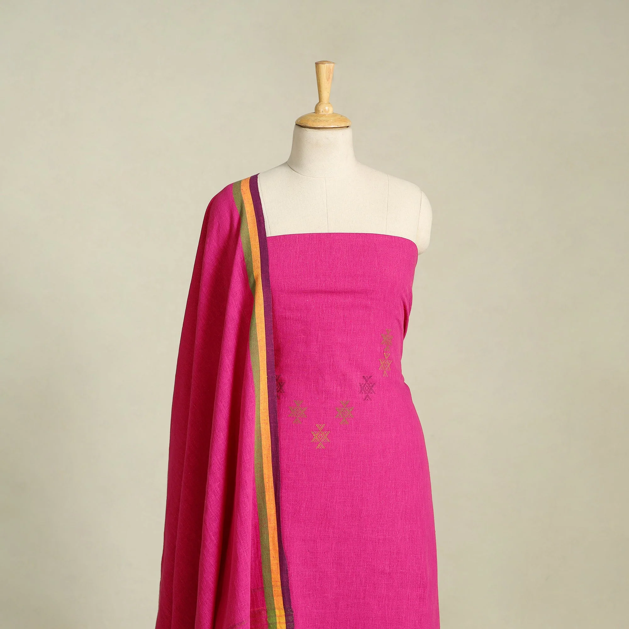 Pink - 3pc Kutch Handloom Organic Kala Cotton Unstitched Dress Material 09 - Image 3