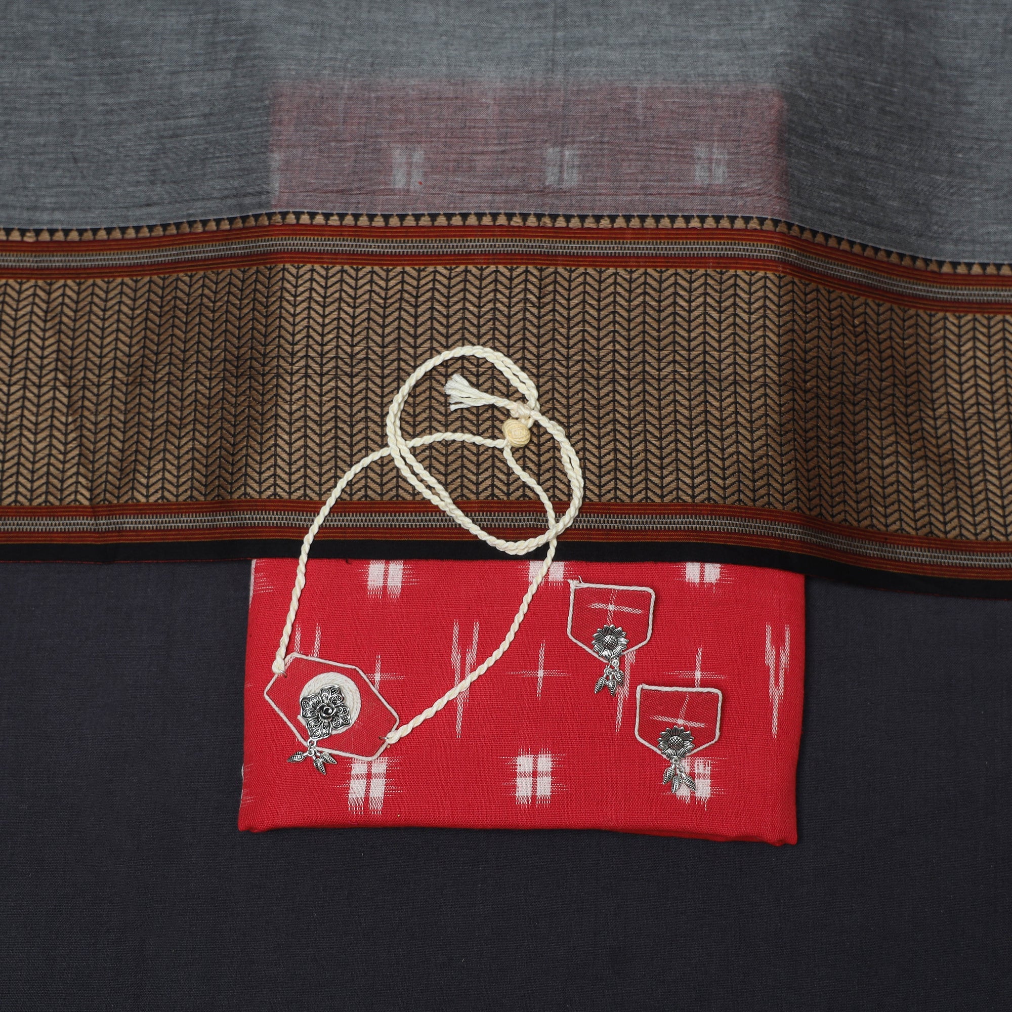 Red - 2pc Cotton Unstitched Pochampally Double Ikat Dress Material with Jewellery Set 09 - Image 4