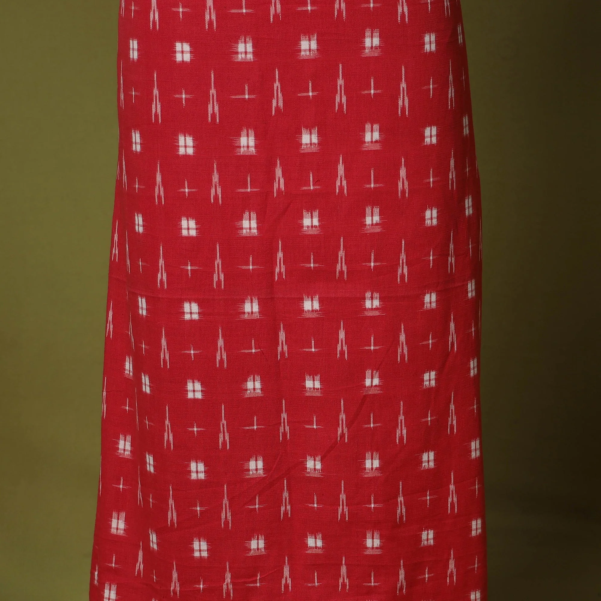 Red - 2pc Cotton Unstitched Pochampally Double Ikat Dress Material with Jewellery Set 09 - Image 6