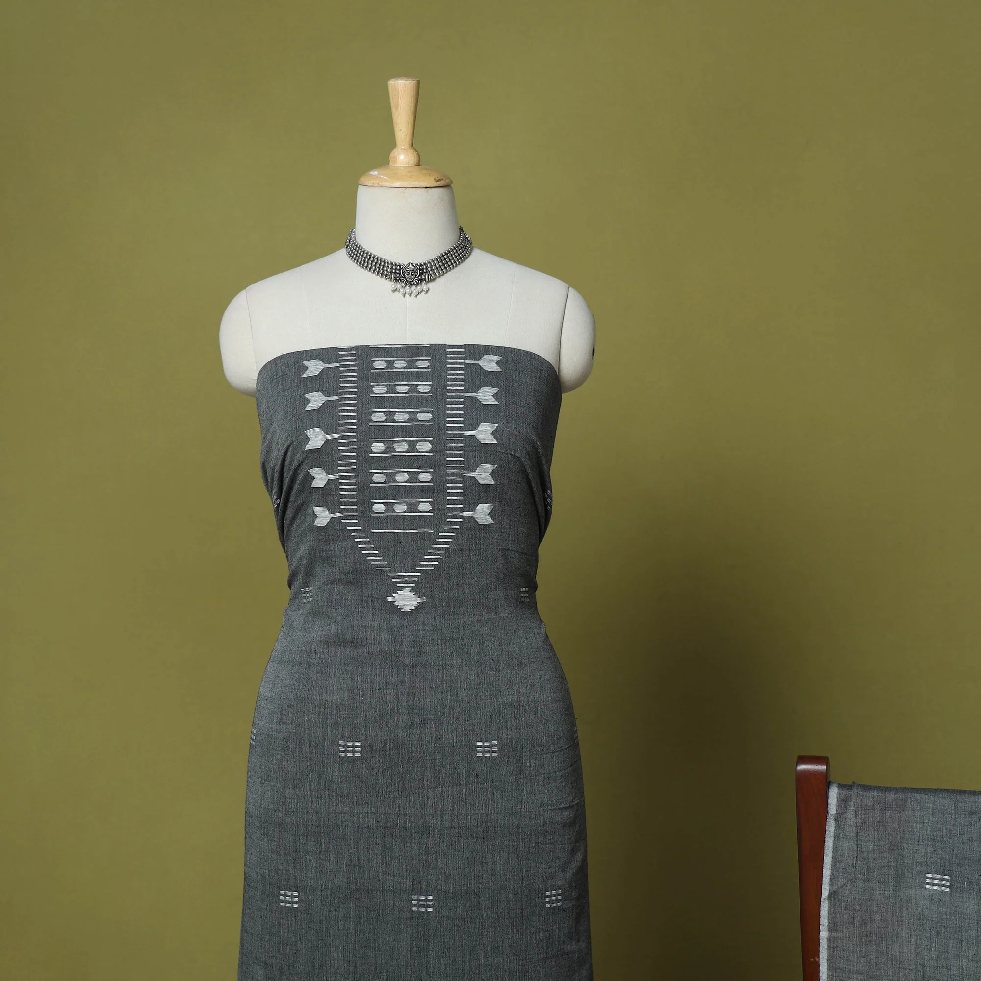 Grey - 2pc Handloom Cotton Unstitched Burdwan Jamdani Dress Material 01 - Image 3