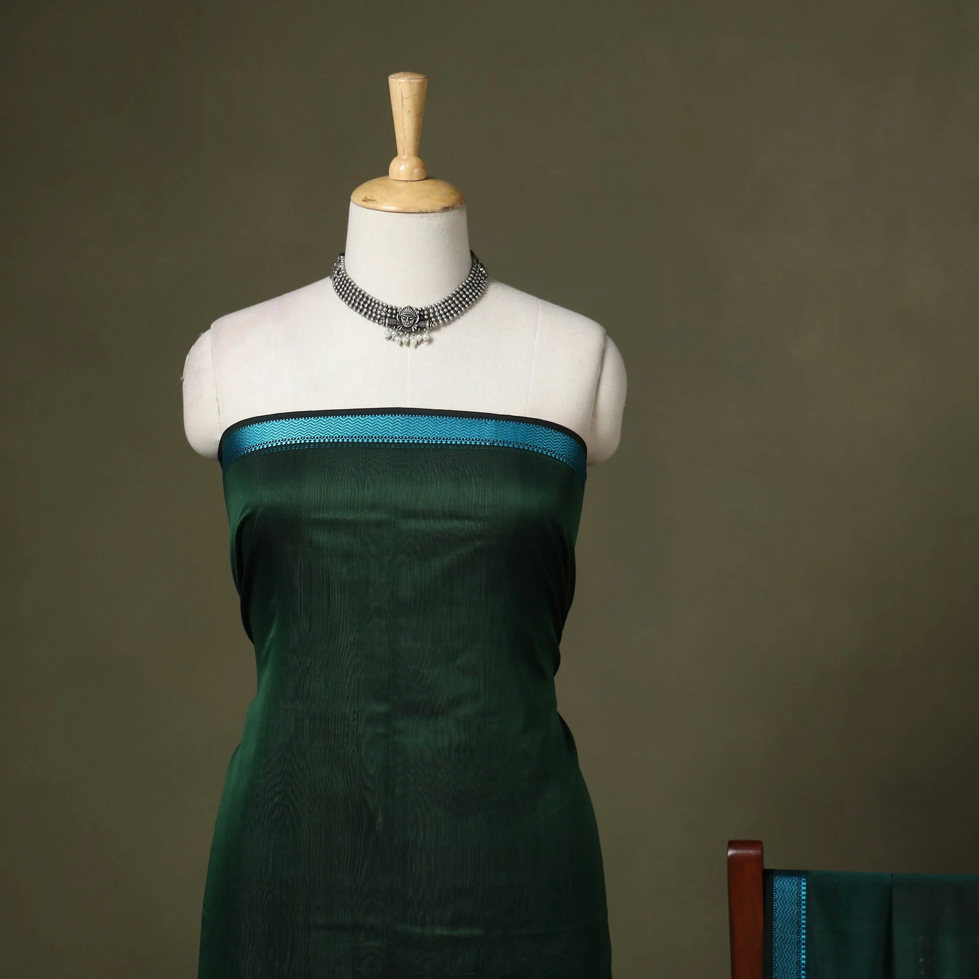 Green - 2pc Handloom Unstitched Maheshwari Dress Material with Border 31 - Image 3