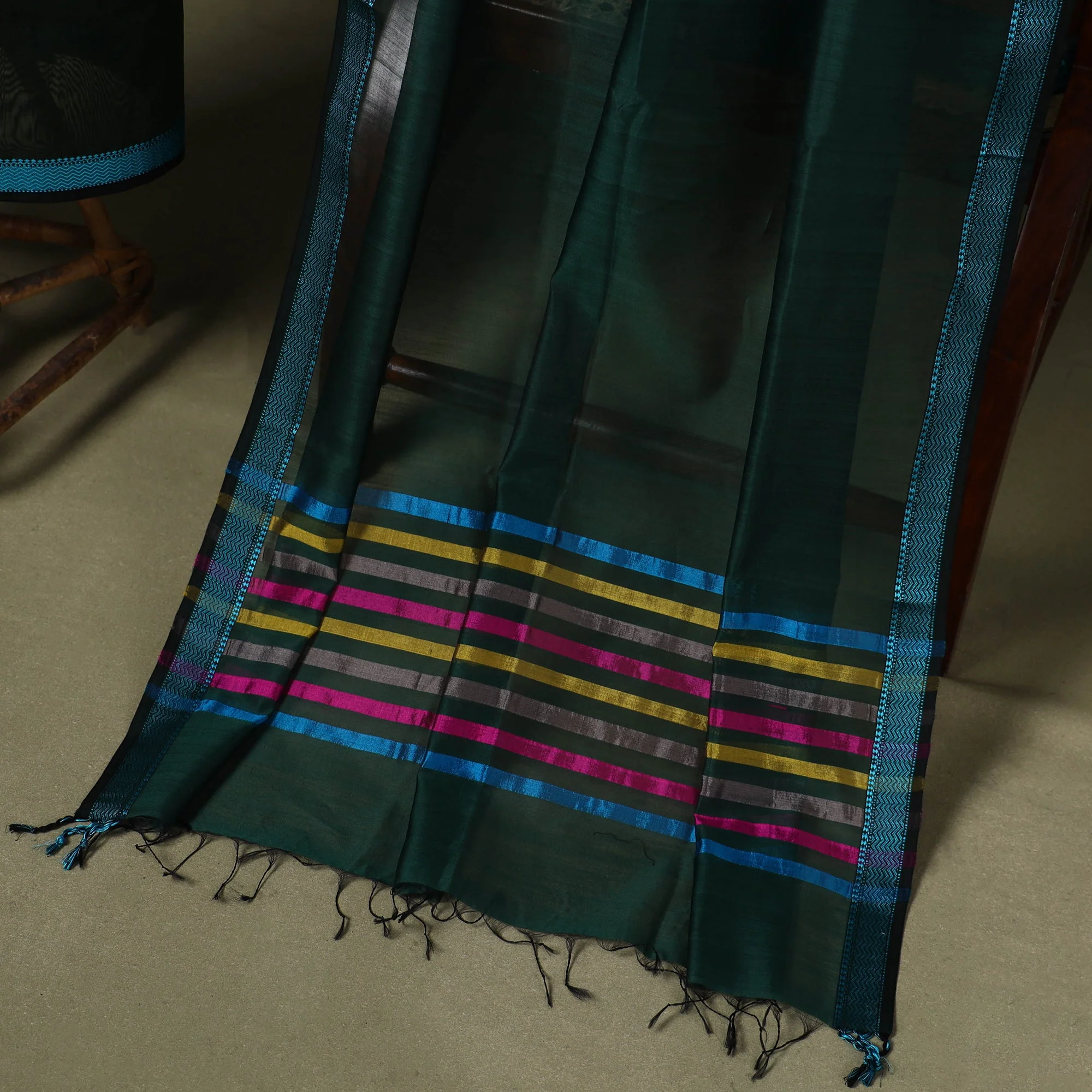 Green - 2pc Handloom Unstitched Maheshwari Dress Material with Border 31 - Image 5