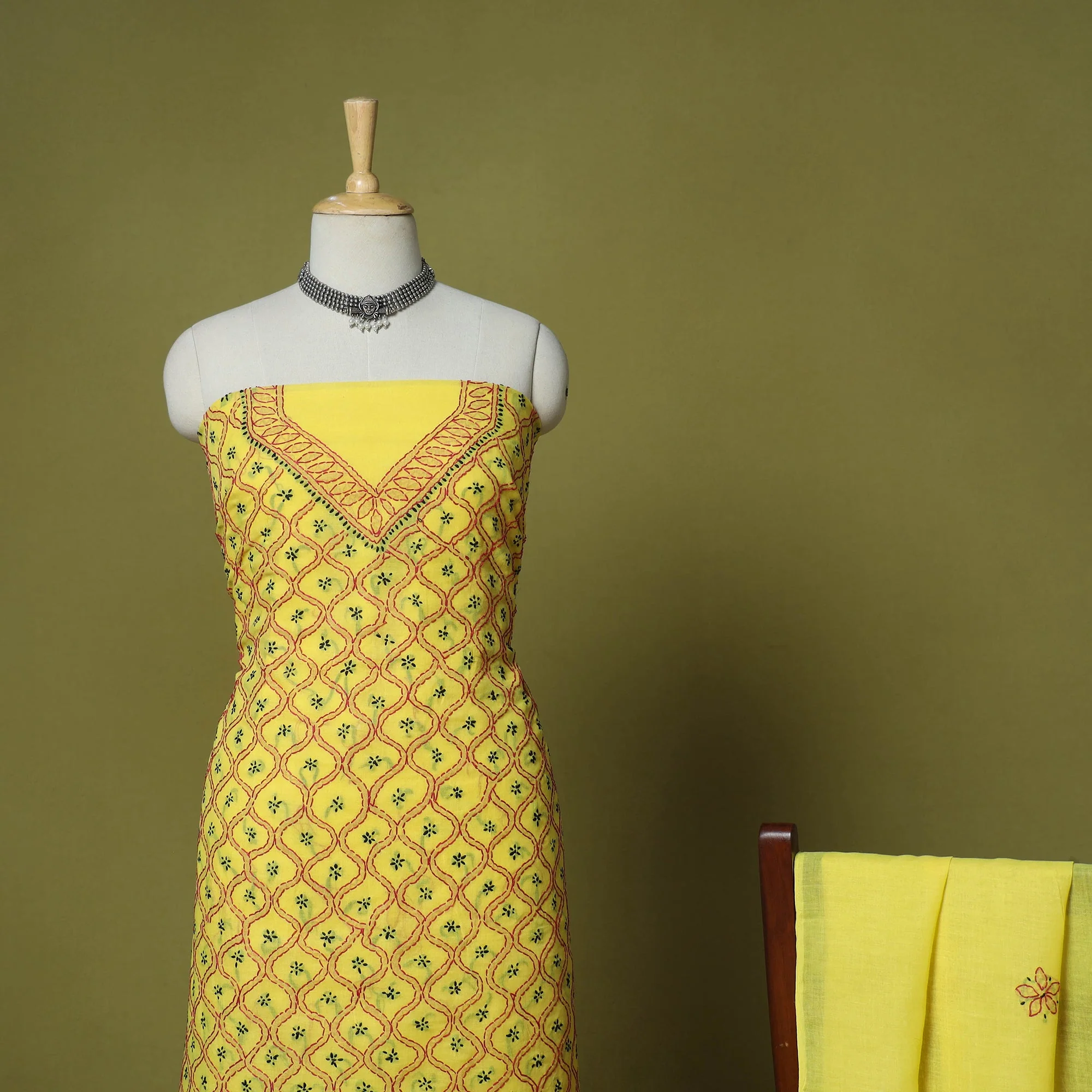 Yellow - 3pc Hand Embroidery Cotton Lucknow Chikankari Dress Material 29 - Image 3