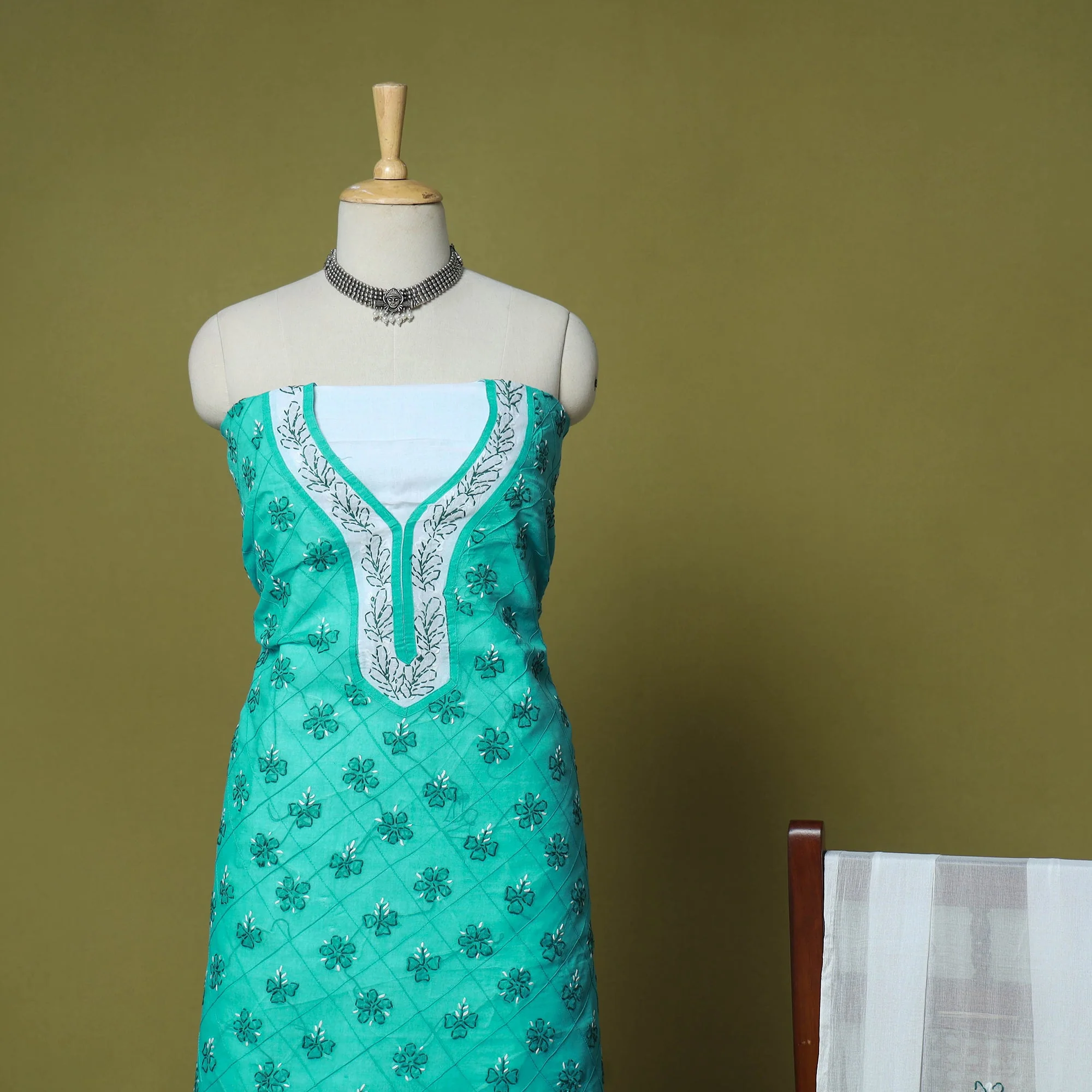 Green - 3pc Hand Embroidery Cotton Lucknow Chikankari Dress Material 34 - Image 3