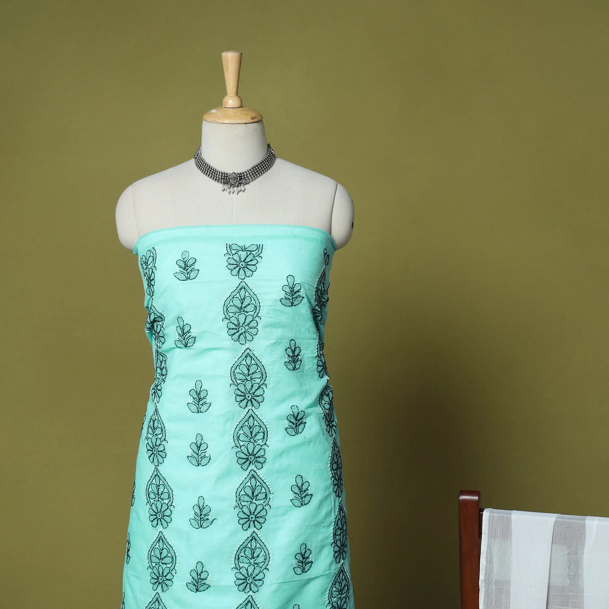 Green - 3pc Hand Embroidery Cotton Lucknow Chikankari Dress Material 39 - Image 3