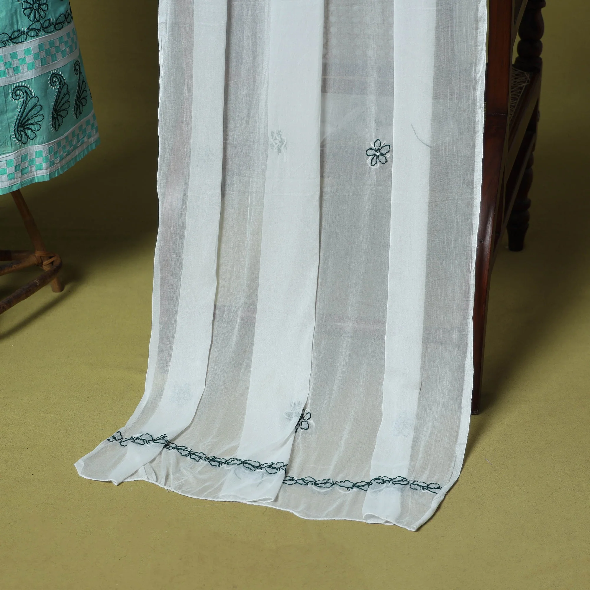 Green - 3pc Hand Embroidery Cotton Lucknow Chikankari Dress Material 39 - Image 7