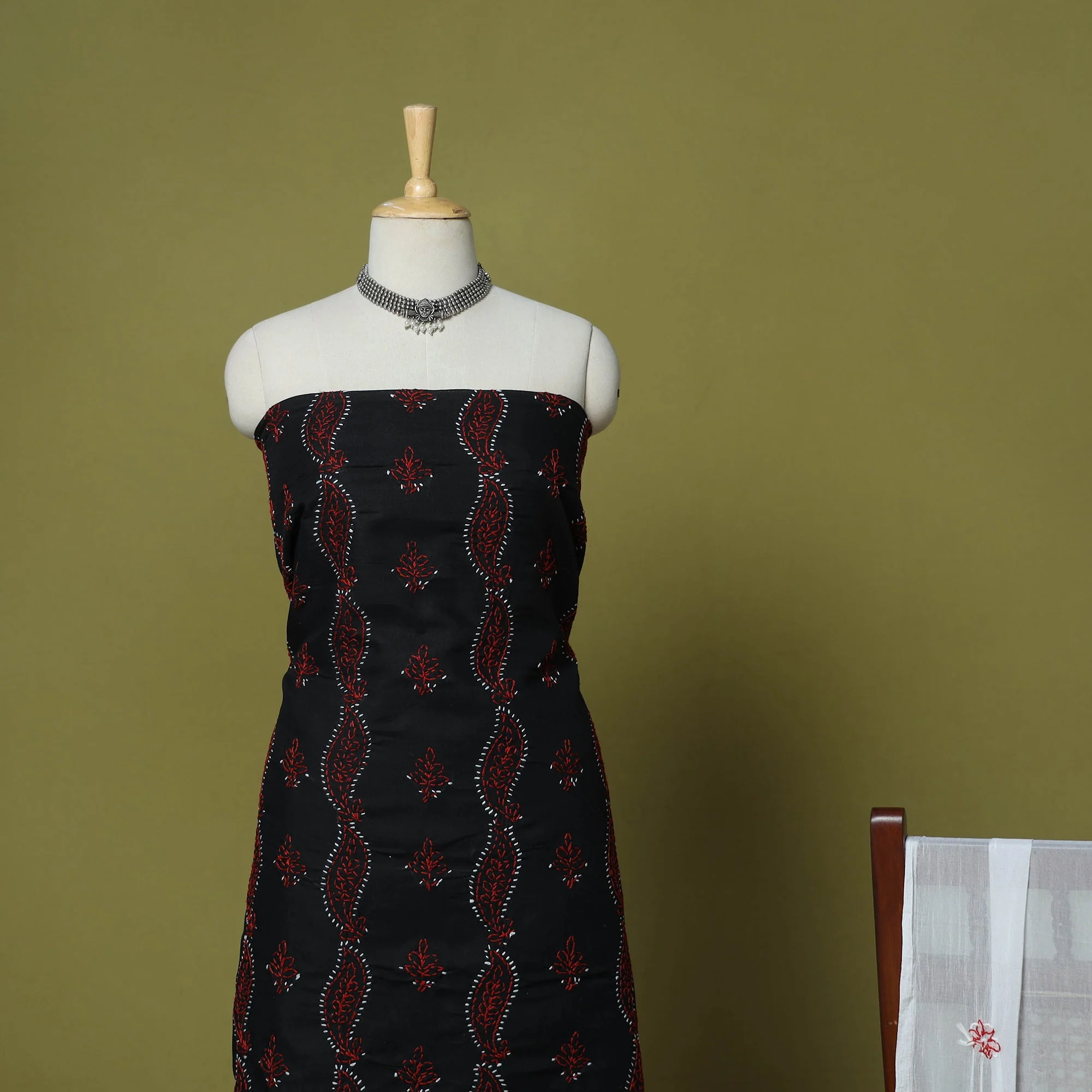 Black - 3pc Hand Embroidery Cotton Lucknow Chikankari Dress Material 67 - Image 3