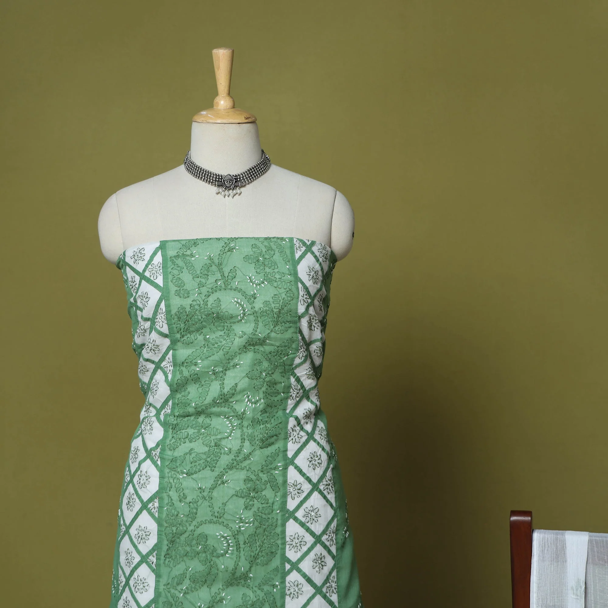 Green - 3pc Hand Embroidery Cotton Lucknow Chikankari Dress Material 81 - Image 3