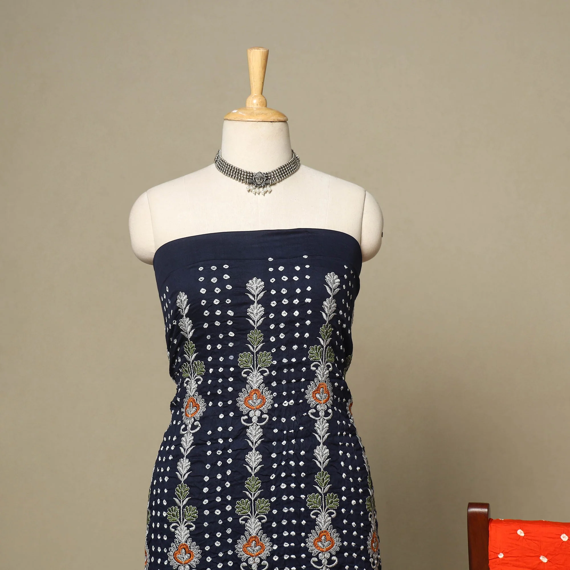 Blue - 3pc Kutch Tie-Dye Satin Cotton Unstitched Bandhani Dress Material 51 - Image 3