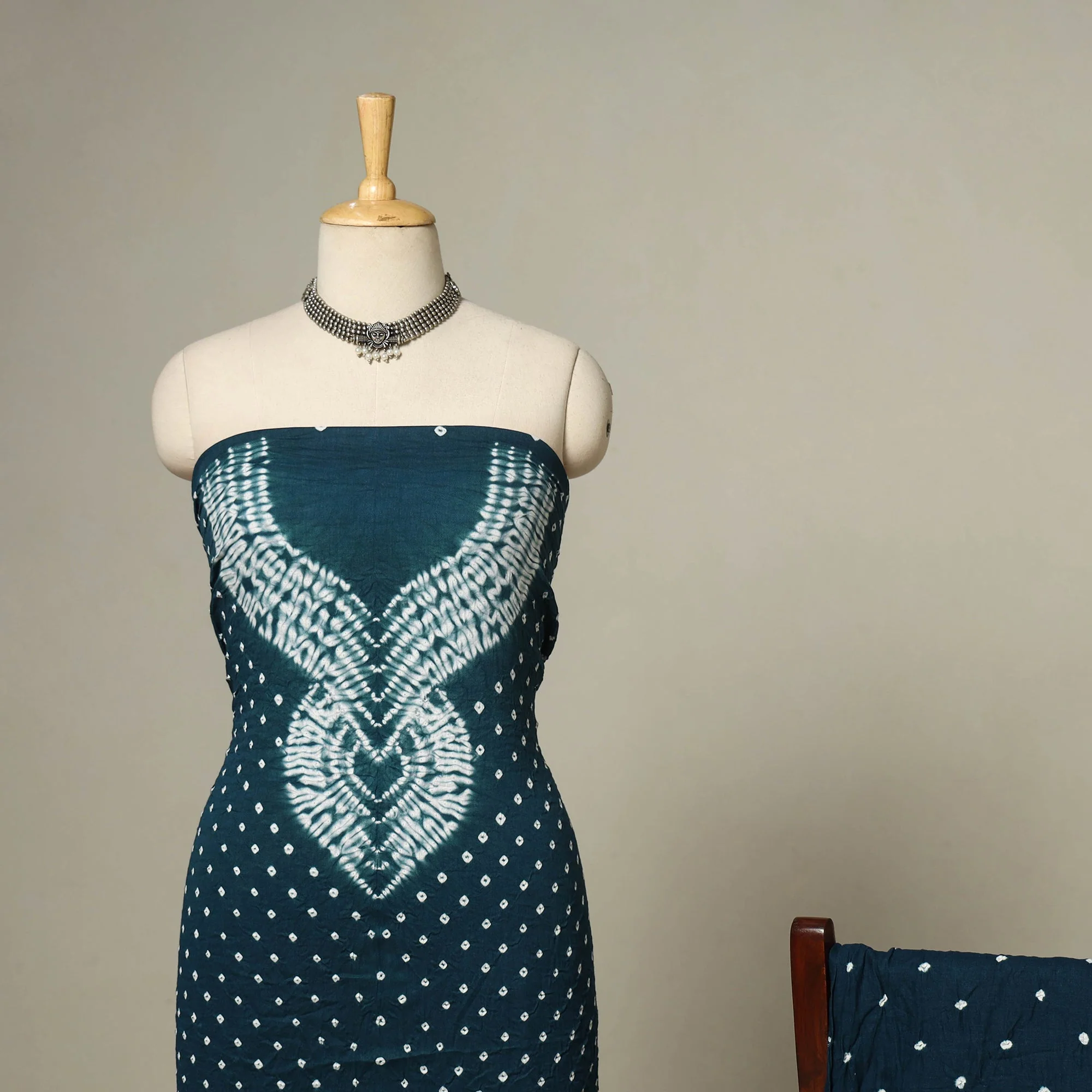 Blue - 3pc Kutch Tie-Dye Satin Cotton Unstitched Bandhani Dress Material 51 - Image 3