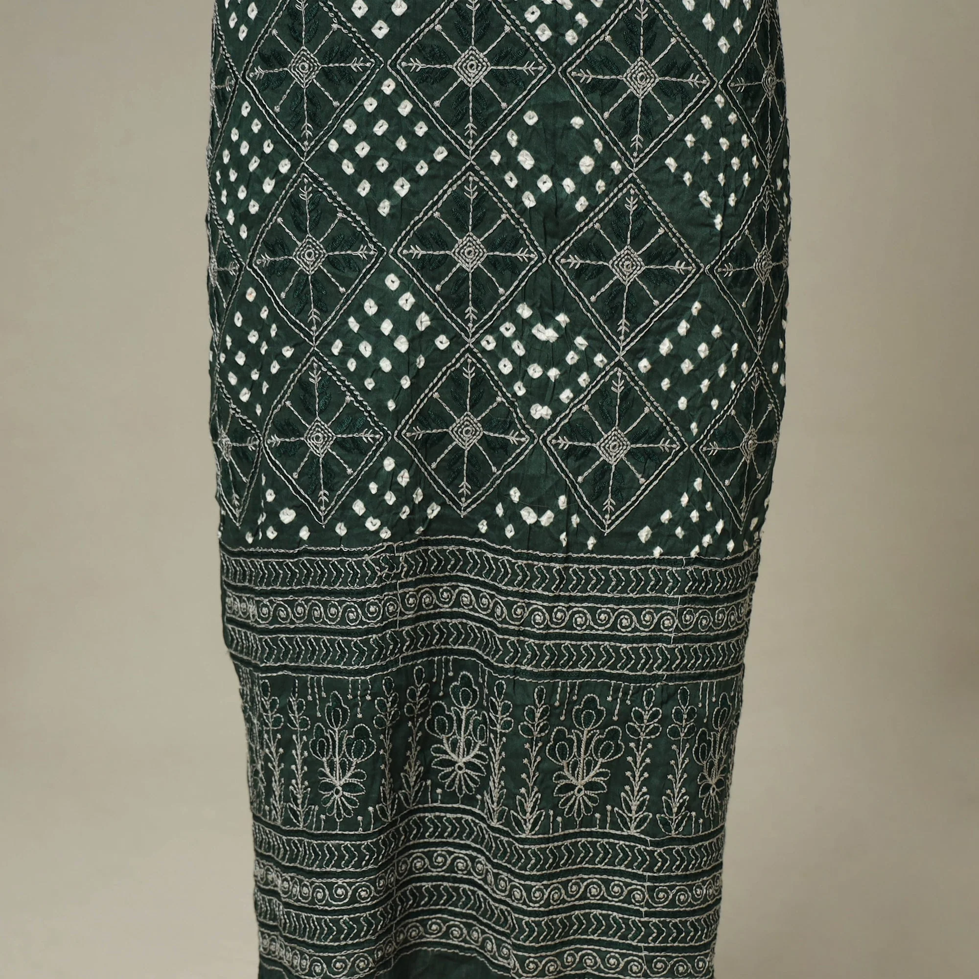 Green - 3pc Kutch Tie-Dye Satin Cotton Unstitched Bandhani Dress Material 70 - Image 6