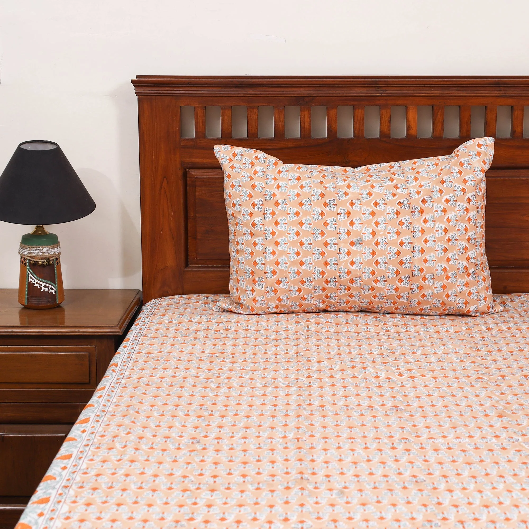 Orange - Block Print Cotton Double Sanganeri Bed Sheet Set (108 x 90 in) 06 - Image 3