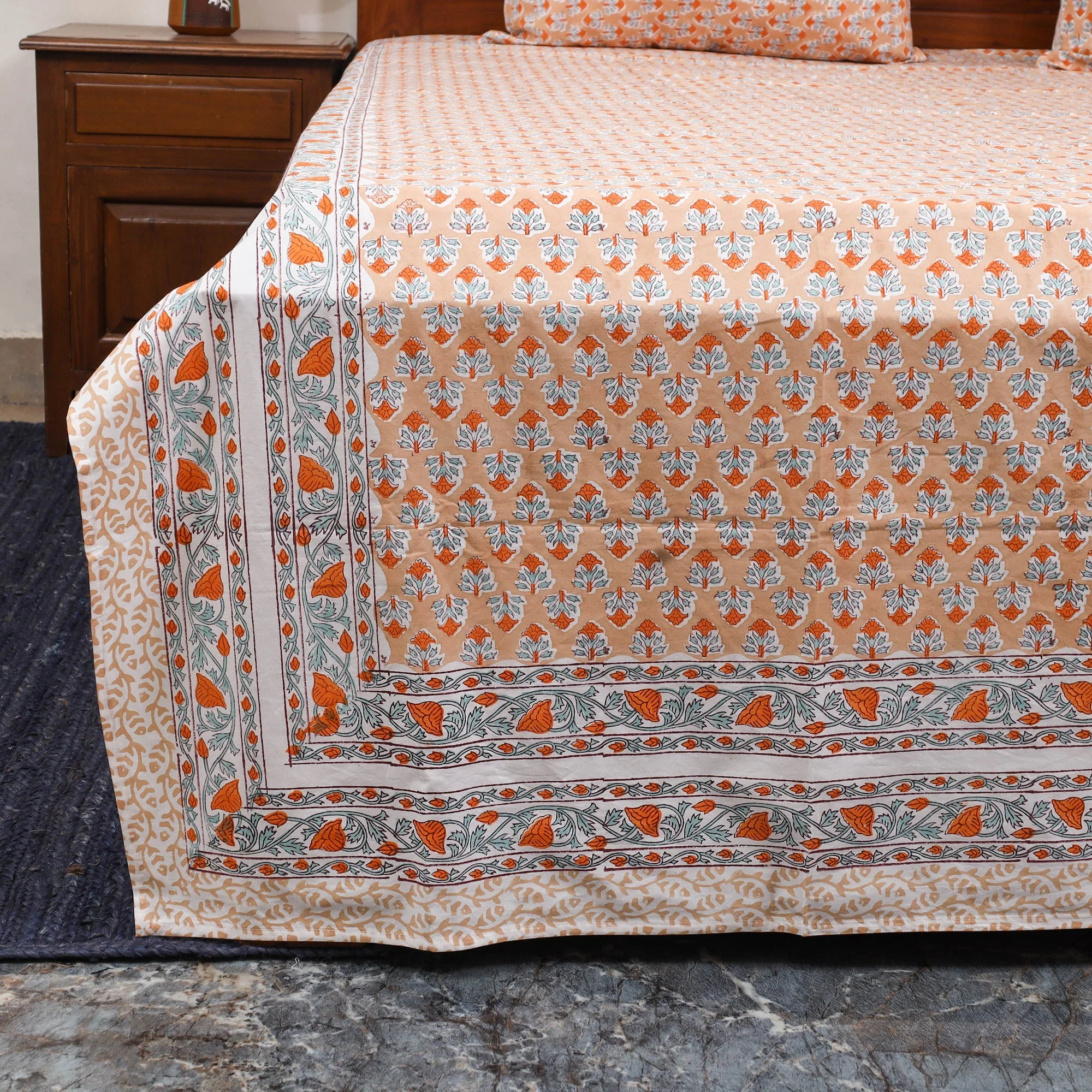 Orange - Block Print Cotton Double Sanganeri Bed Sheet Set (108 x 90 in) 06 - Image 5