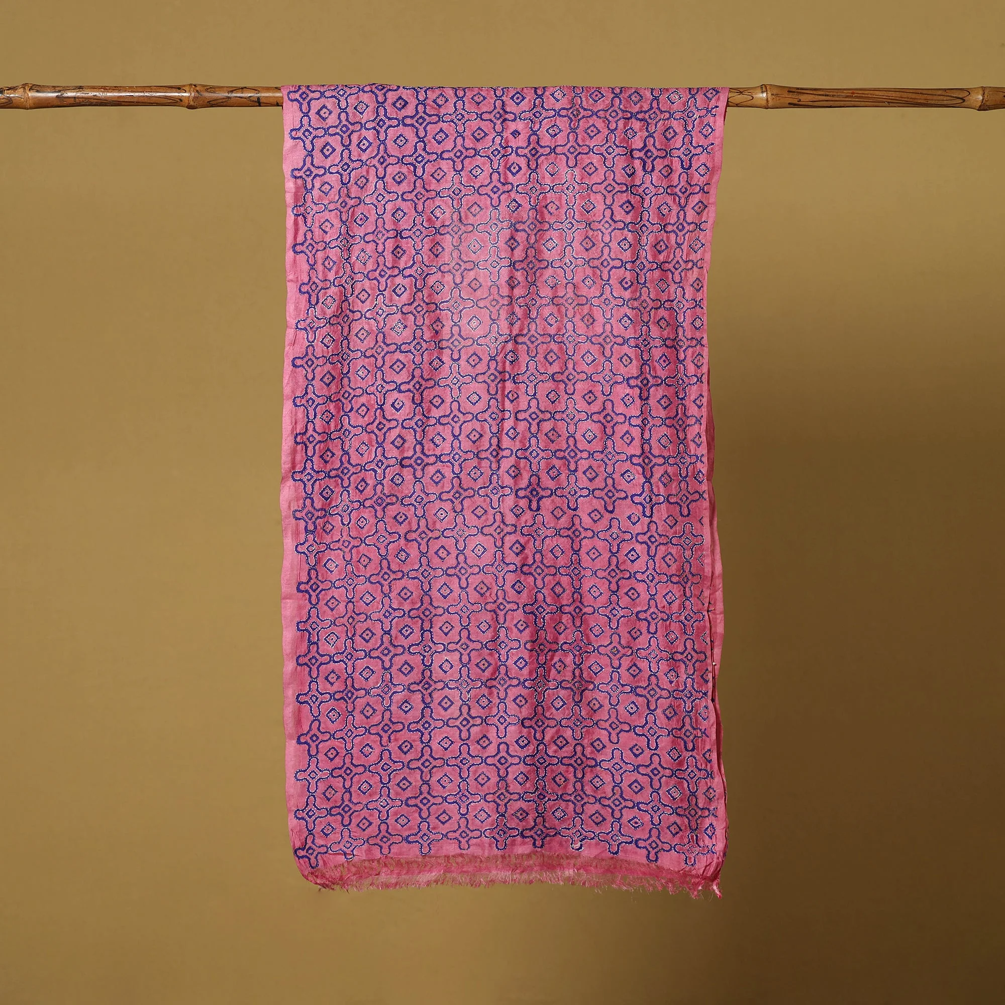 Pink - Block Print Handloom Tussar Silk Bengal Kantha Handwork Stole 01 - Image 3