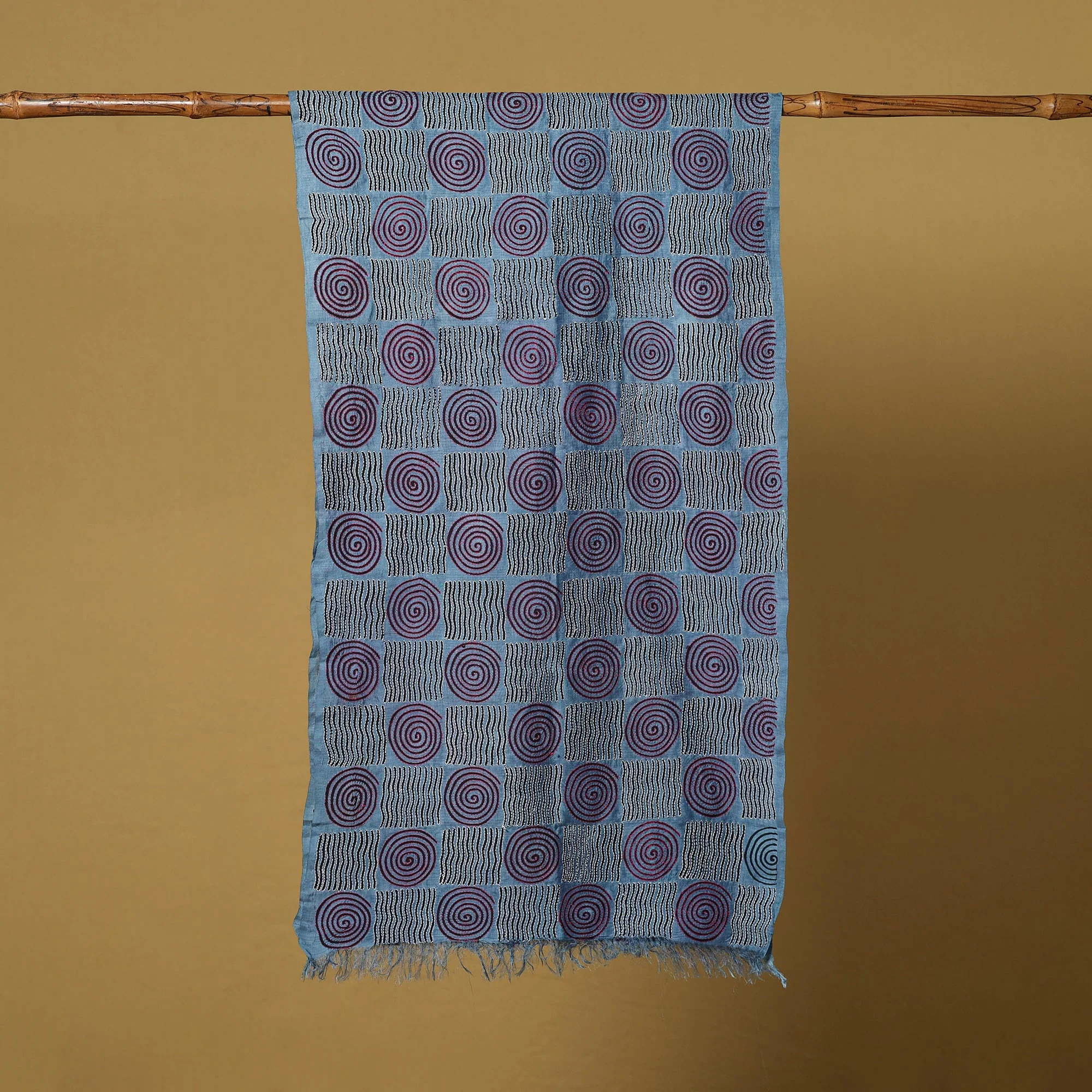 Blue - Block Print Handloom Tussar Silk Bengal Kantha Handwork Stole 02 - Image 3