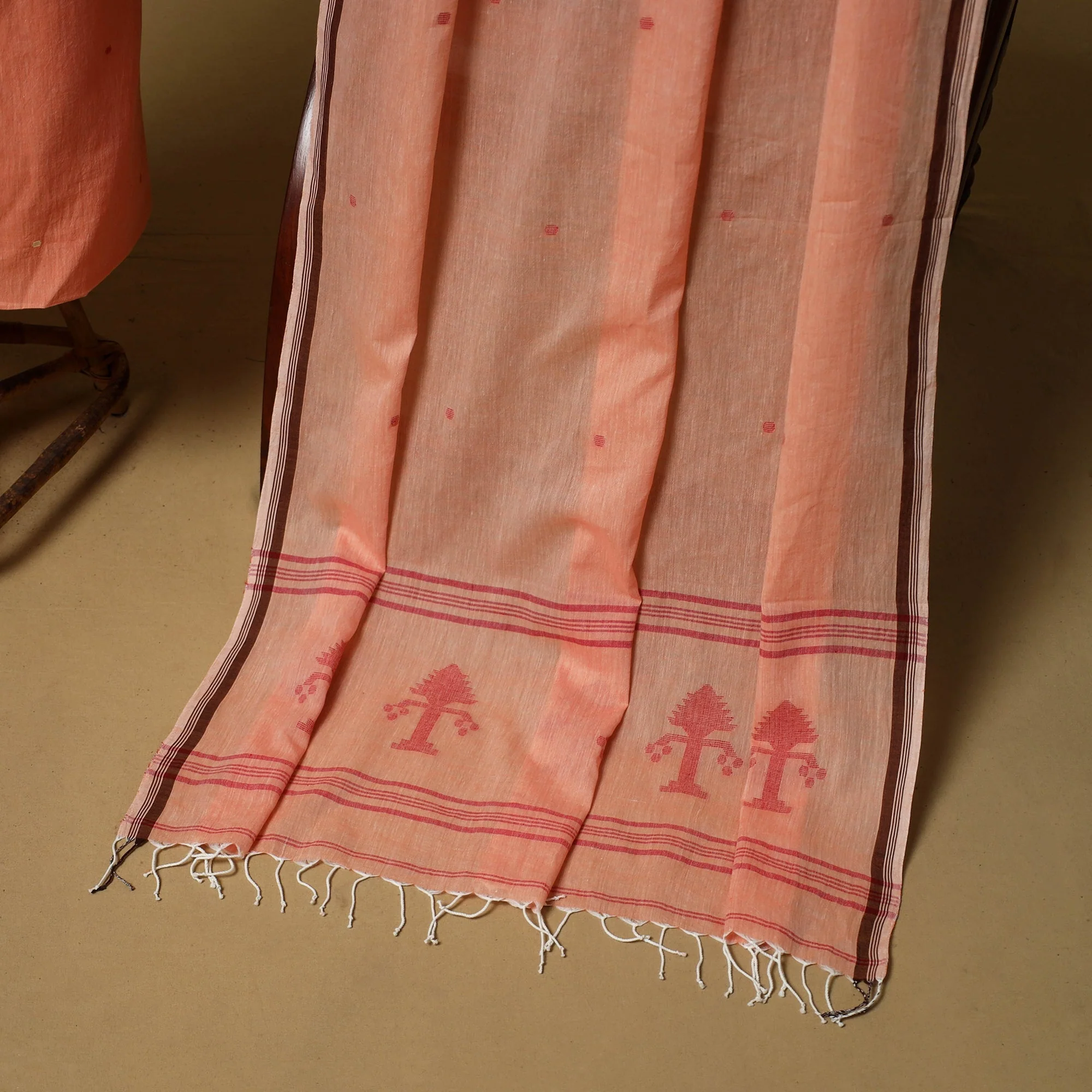 Peach - Handloom Bengal Jamdani Cotton 2pc Unstitched Dress Material 12 - Image 5