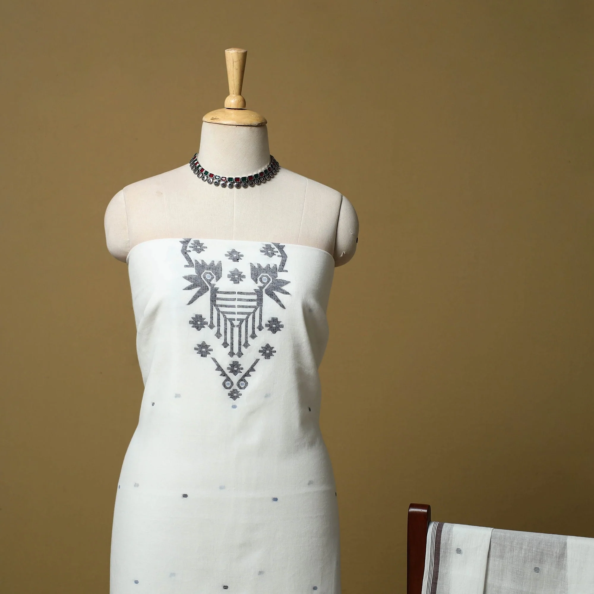 White - Handloom Bengal Jamdani Cotton 2pc Unstitched Dress Material 13 - Image 3