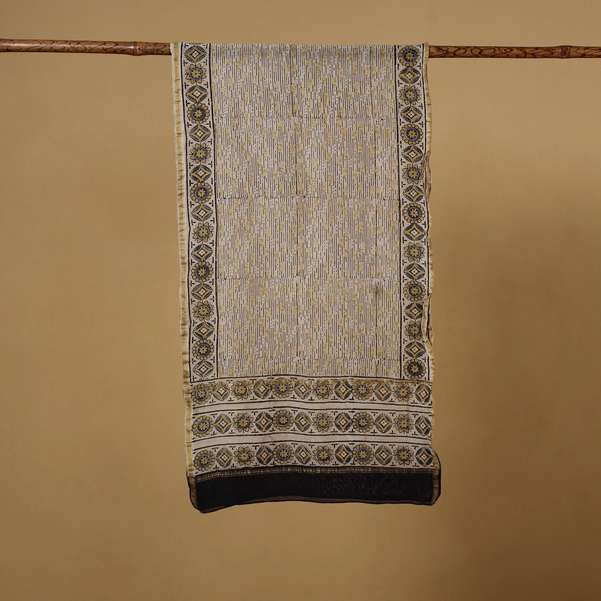 Beige - Handloom Chanderi Silk Natural Dyed Block Print Ajrakh Stole 03 - Image 3