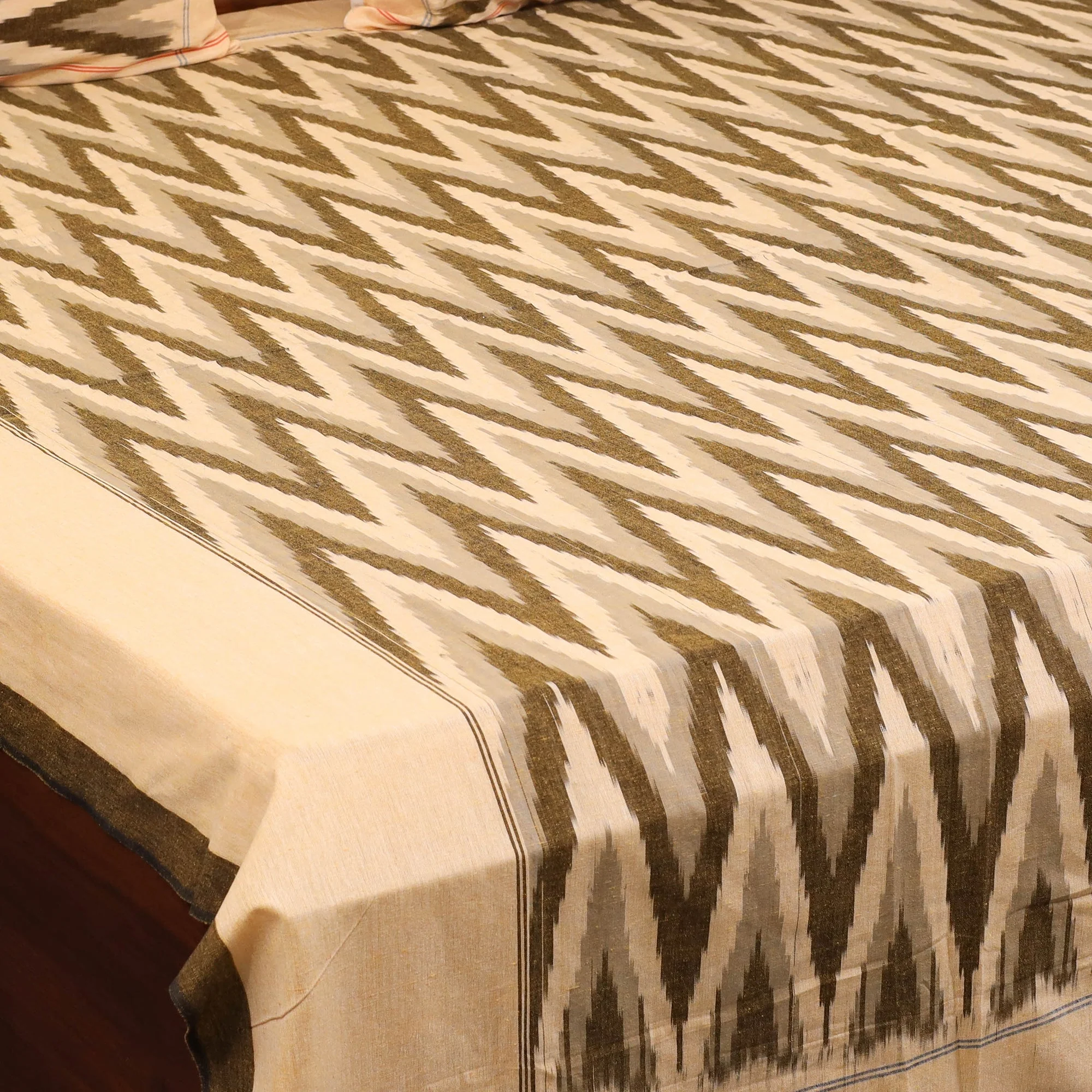 Beige - Handloom Cotton Pochampally Ikat Double Bedsheet Set (108 x 90 in) 04 - Image 4