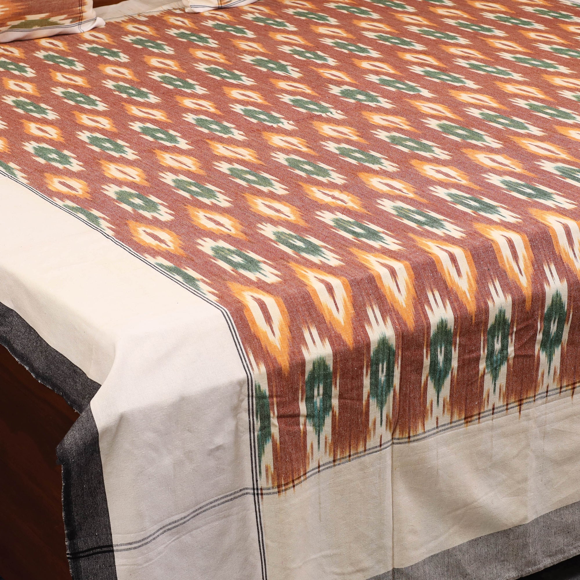 Brown - Handloom Cotton Pochampally Ikat Double Bedsheet Set (108 x 90 in) 06 - Image 4