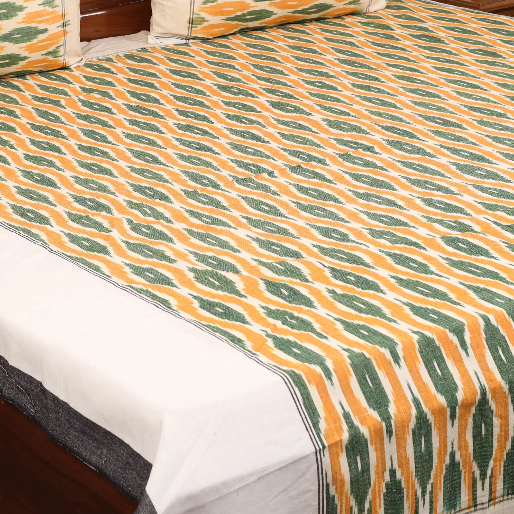 Yellow - Handloom Cotton Pochampally Ikat Double Bedsheet Set (108 x 90 in) 15 - Image 4